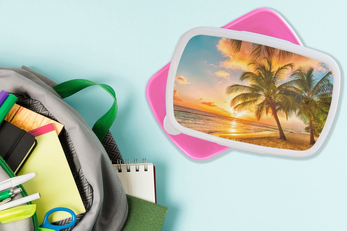 rosa - - Sonnenuntergang Kunststoff Snackbox, - Brotbox Erwachsene, Kunststoff, Wolken Meer MuchoWow Brotdose Strand, Kinder, (2-tlg), - für Mädchen, Lunchbox Palme