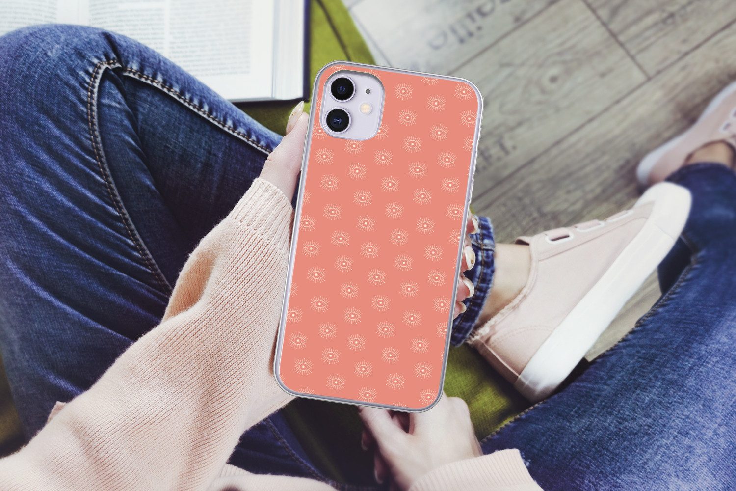 MuchoWow Handyhülle für Apple iPhone 11 Boho - Druck - Rosa - Weiß - Augen, Smartphone-Bumper, Print, Handy Schutzhülle Dünn