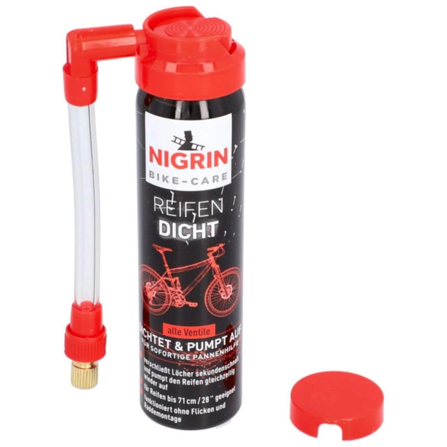 NIGRIN Reifen-Reparaturset Bike Fahrrad Reifen-Dicht Pannen-Spray Dichtmittel, 1-St., 1x Reifendicht-Spray 75ml, Reifendicht-Spray Flickzeug Reifenpilot Pannenhilfe Schnell Reparatur