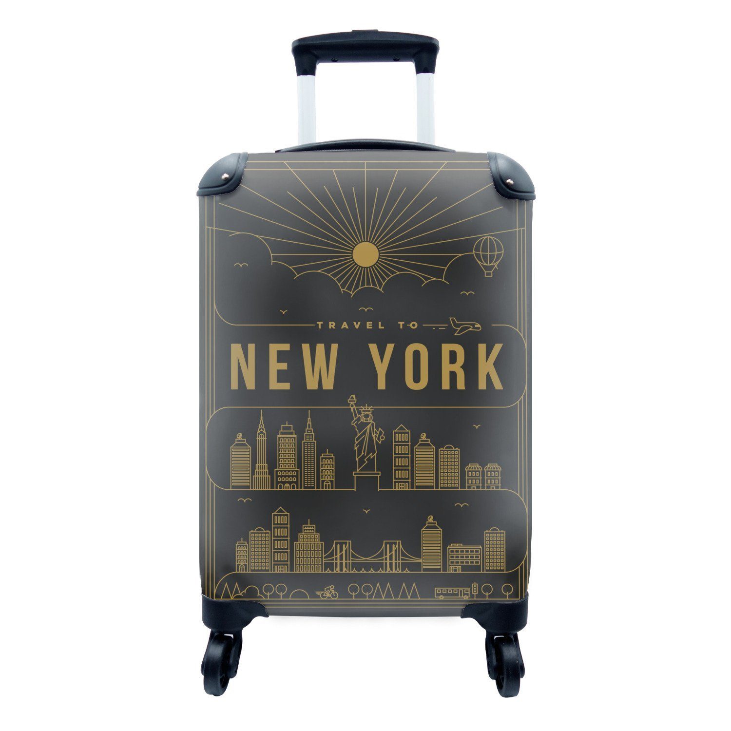 MuchoWow Handgepäckkoffer New York - Skyline - Schwarz - Gold, 4 Rollen, Reisetasche mit rollen, Handgepäck für Ferien, Trolley, Reisekoffer