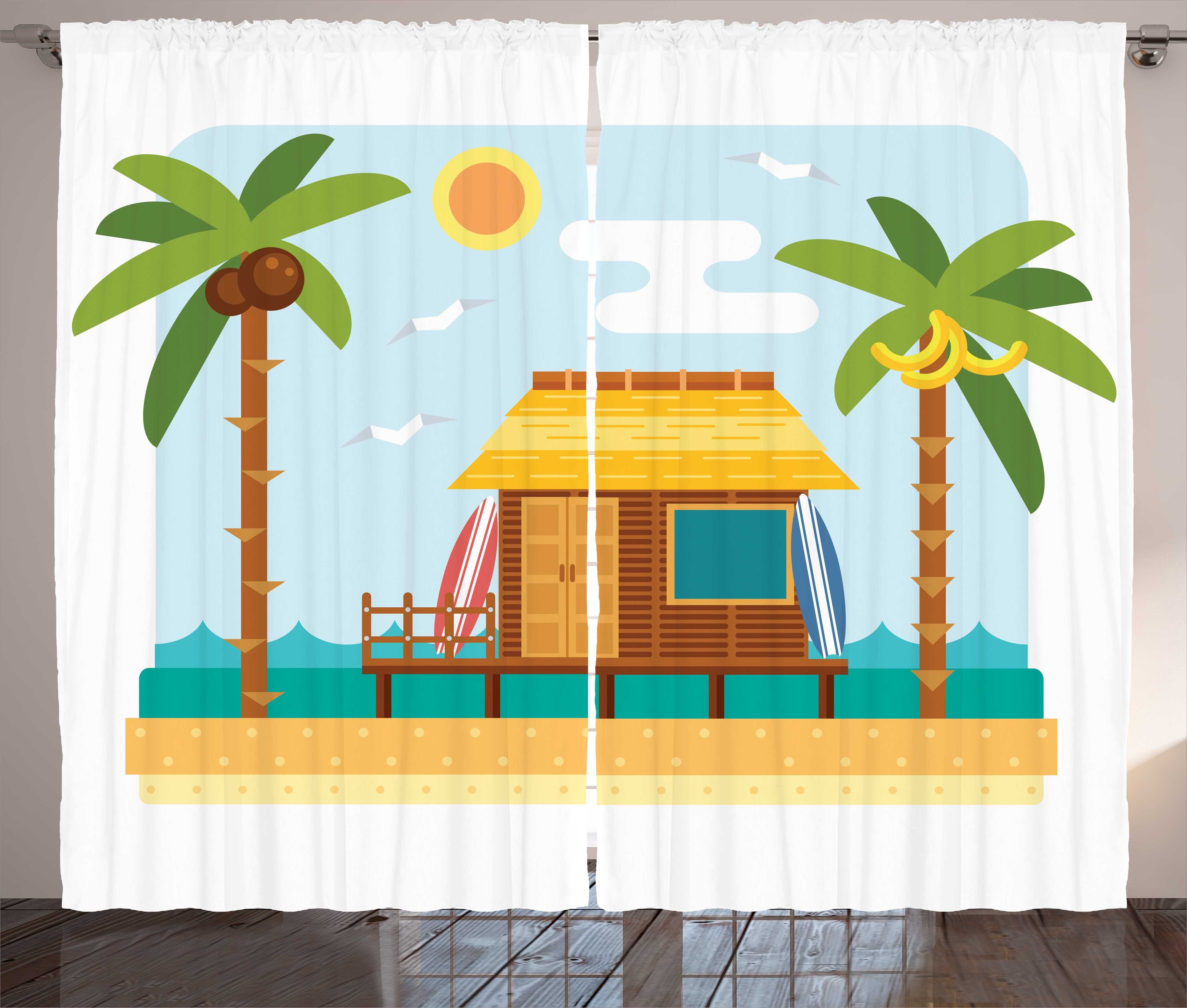 Gardine Schlafzimmer Kräuselband Vorhang mit Schlaufen und Haken, Abakuhaus, Fidschi Bungalow auf einem Strand-Surfbretter