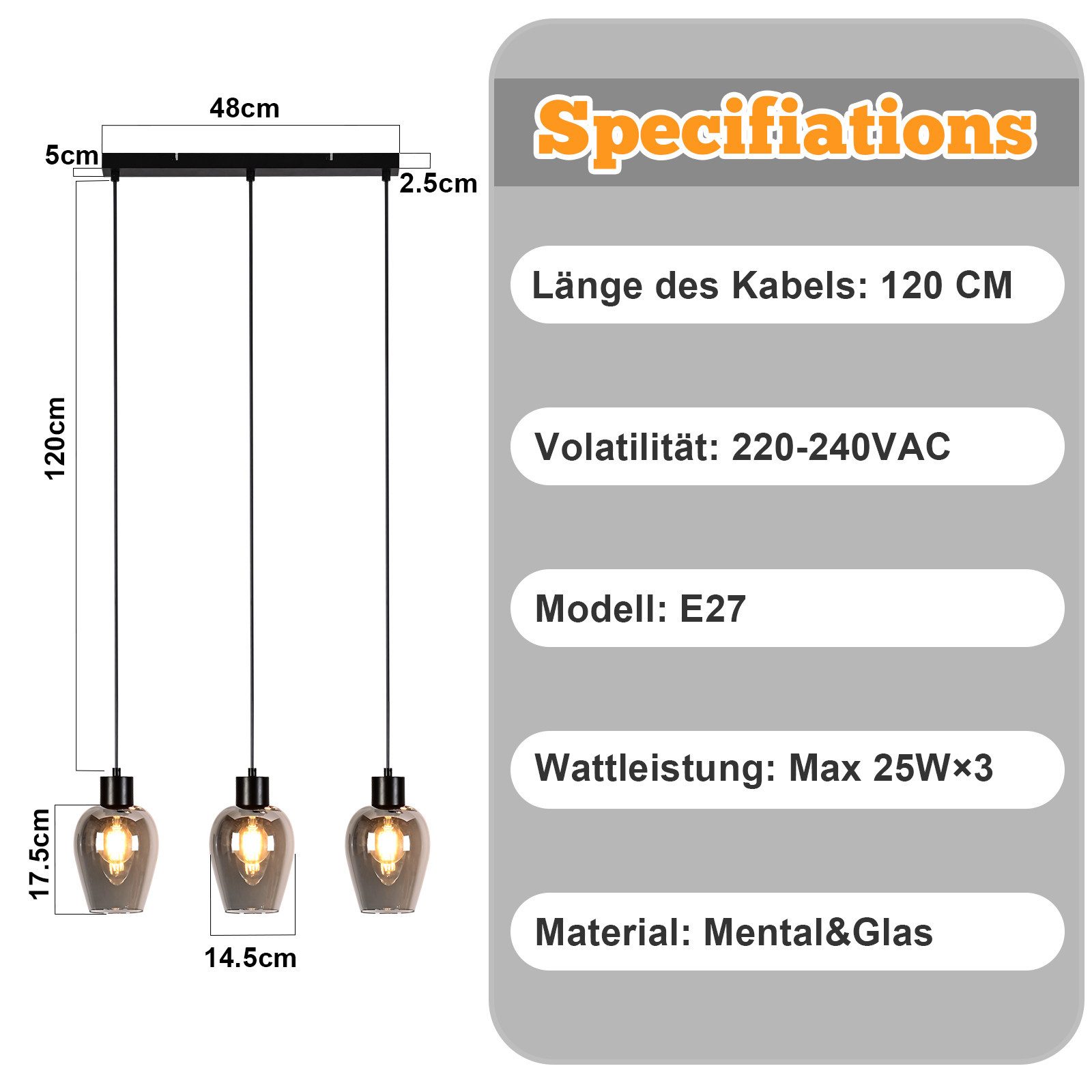 Nettlife Pendelleuchte Vintage Schwarz mit 1/3/4 flammig Rauchglas-Schirmen Hängelampe E27, Höhenverstellbar, LED wechselbar, Esstischlampe für Wohnzimmer Küche