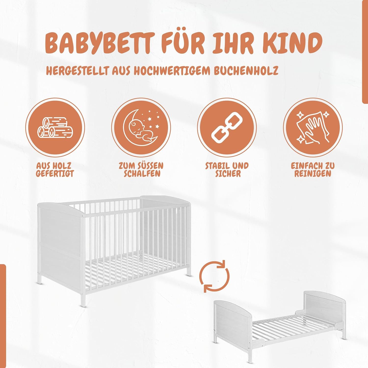 Best for Kids Kinderbett Babybett aus massiver Buche – 3-fach höhenverstellbar, mit Lattenrost