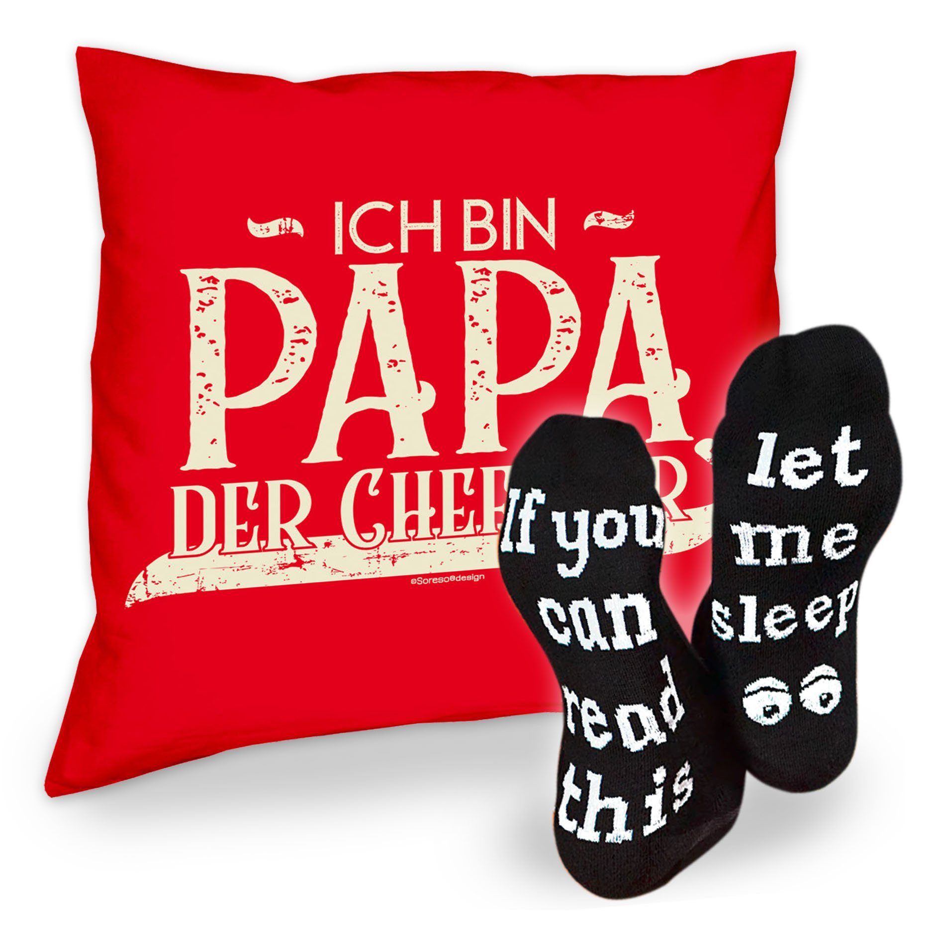 Soreso® Dekokissen Kissen rot der Geburtstagsgeschenk & Papa Sleep, Ich Chef bin Geschenk hier Sprüche Socken