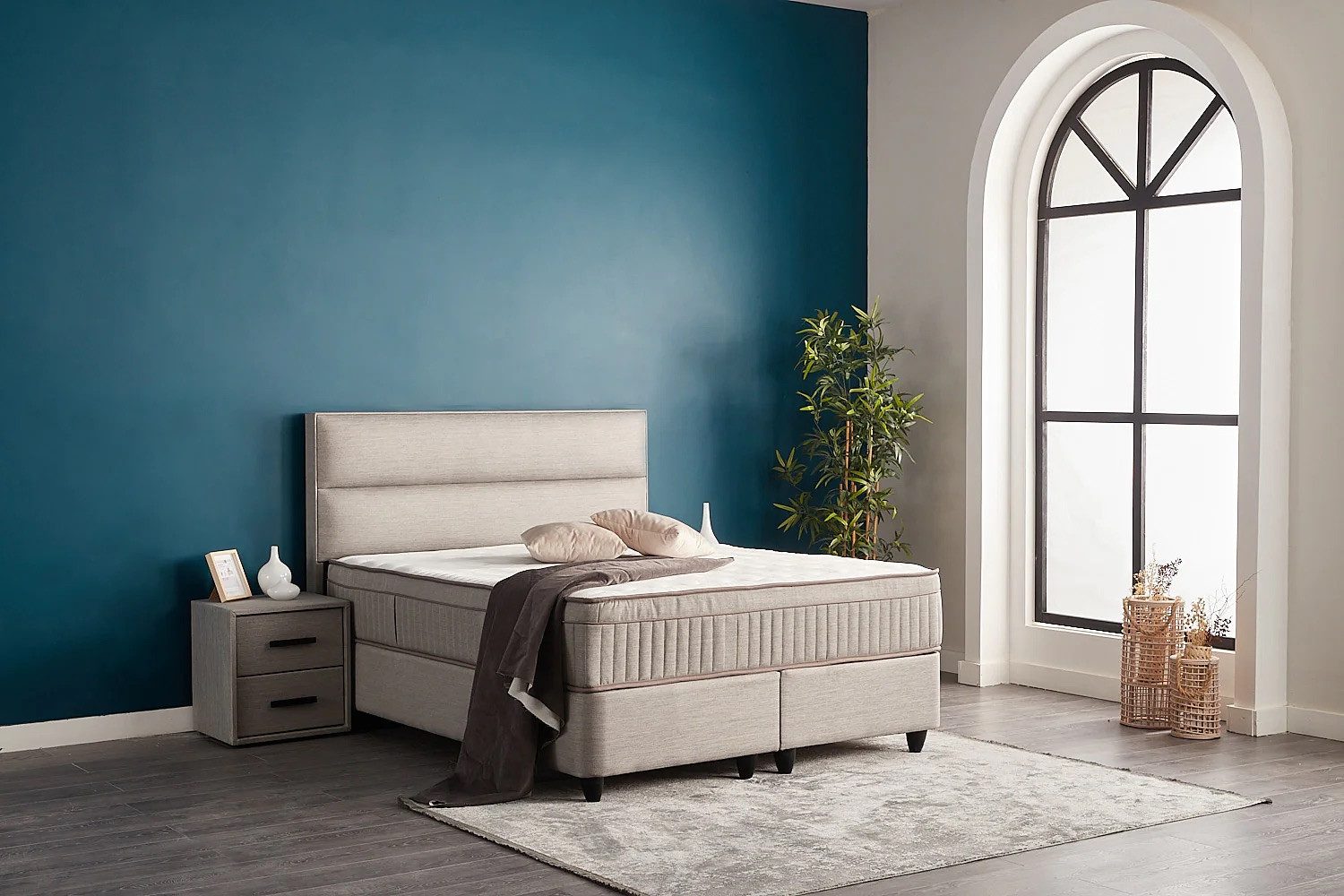abc bedding Boxspringbett Komfortbett SUNA mit stilvollem Webstoff in grau (3-Teile), Voll-orthopädisches Schlafsystem inklusive Bettkasten