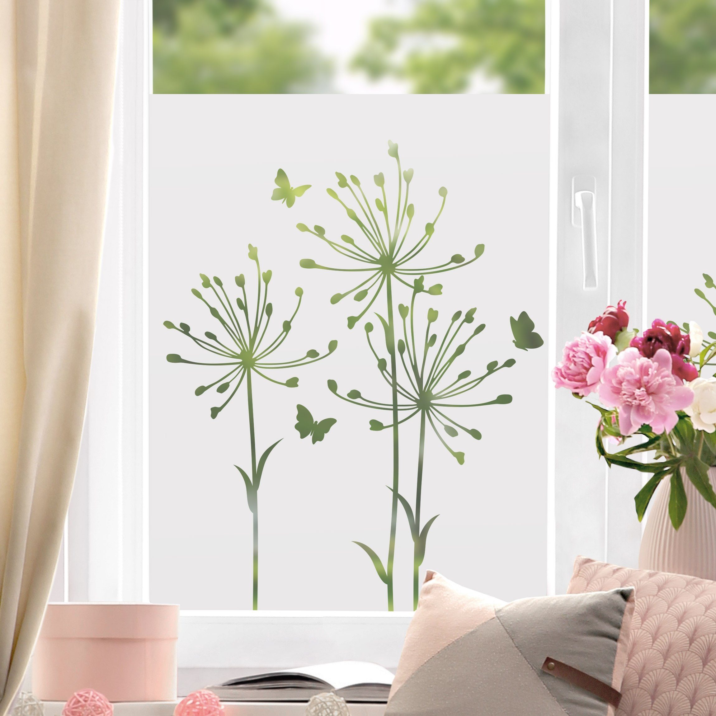 Fensterfolie statisch haftend Motiv Fensterdeko Feine Blüten  Schmetterlingen Blume, Bilderdepot24, blickdicht, Innen Fenster Tür  Balkontür Küche Badezimmer Wohnzimmer Schlafzimmer