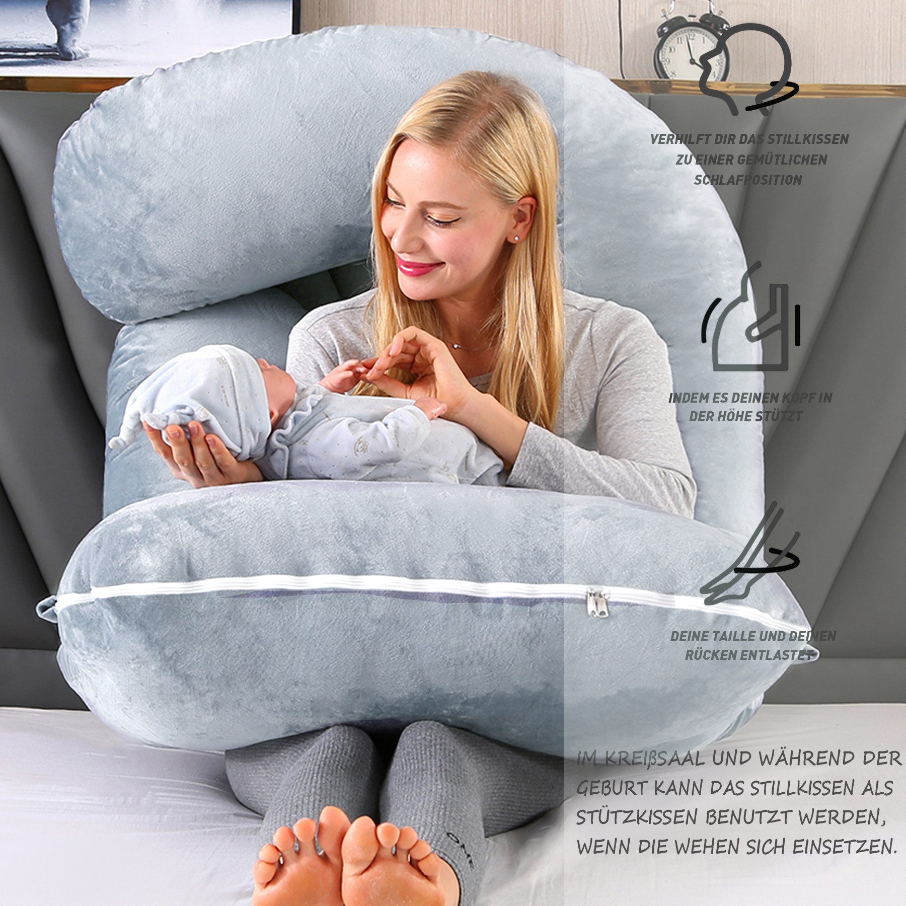 CALIYO Seitenschläferkissen Stillkissen, J-förmiges Schwangerschaftskissen zum Schlafen, Seitenkissen, Seitenschläferkissen ergonomisch geformt – Bild 4 von 5