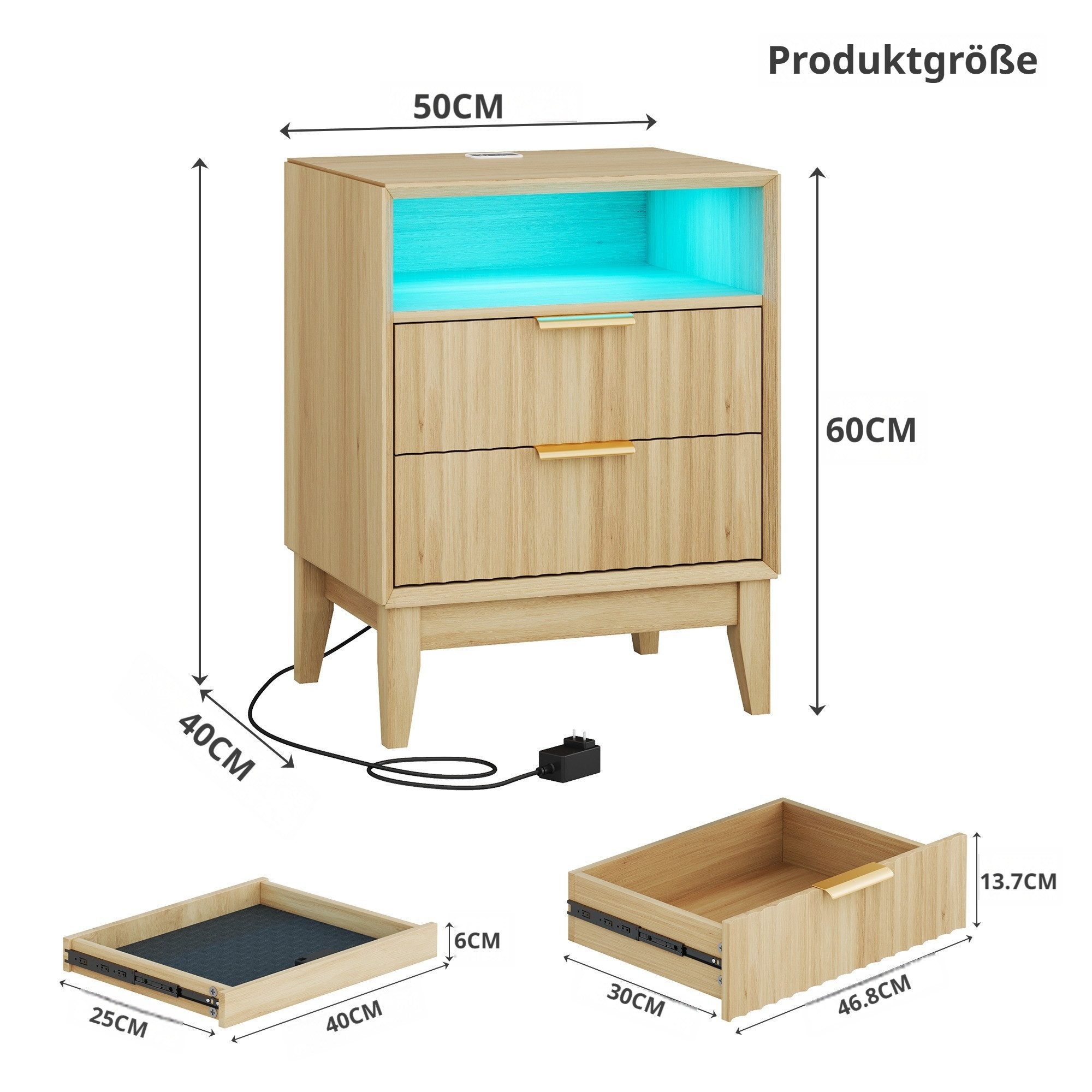 LVSOMT Nachttisch im Mid-Century-Modern-Stil, mit Ladestation und LED-Beleuchtung (1-St), versteckte Schublade mit RFID-Schloss & offenes Ablagefach – Bild 2 von 5