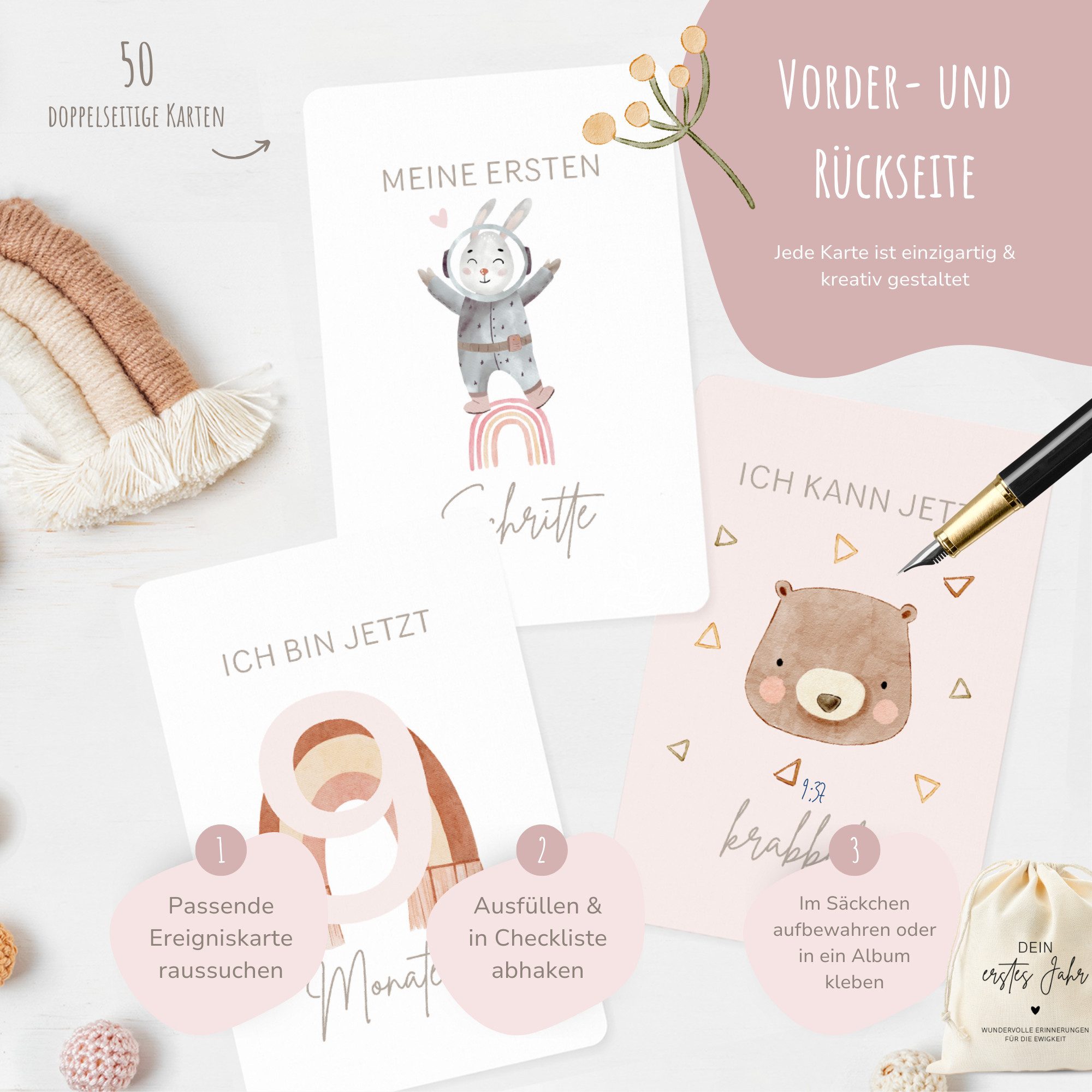 MeinBaby123® Geburtskarte 50 Meilensteinkarten "Dein erstes Jahr" zum Ausfüllen, inkl. Baumwollsäckchen, Geschenk zur Geburt, Meilensteinkarten Baby – Bild 3 von 5
