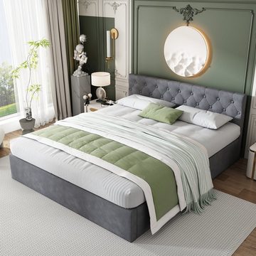 SOFTWEARY Polsterbett Doppelbett mit Lattenrost und Bettkasten (140x200 cm), gepolsterter Kopfteil, Bezug aus Samt