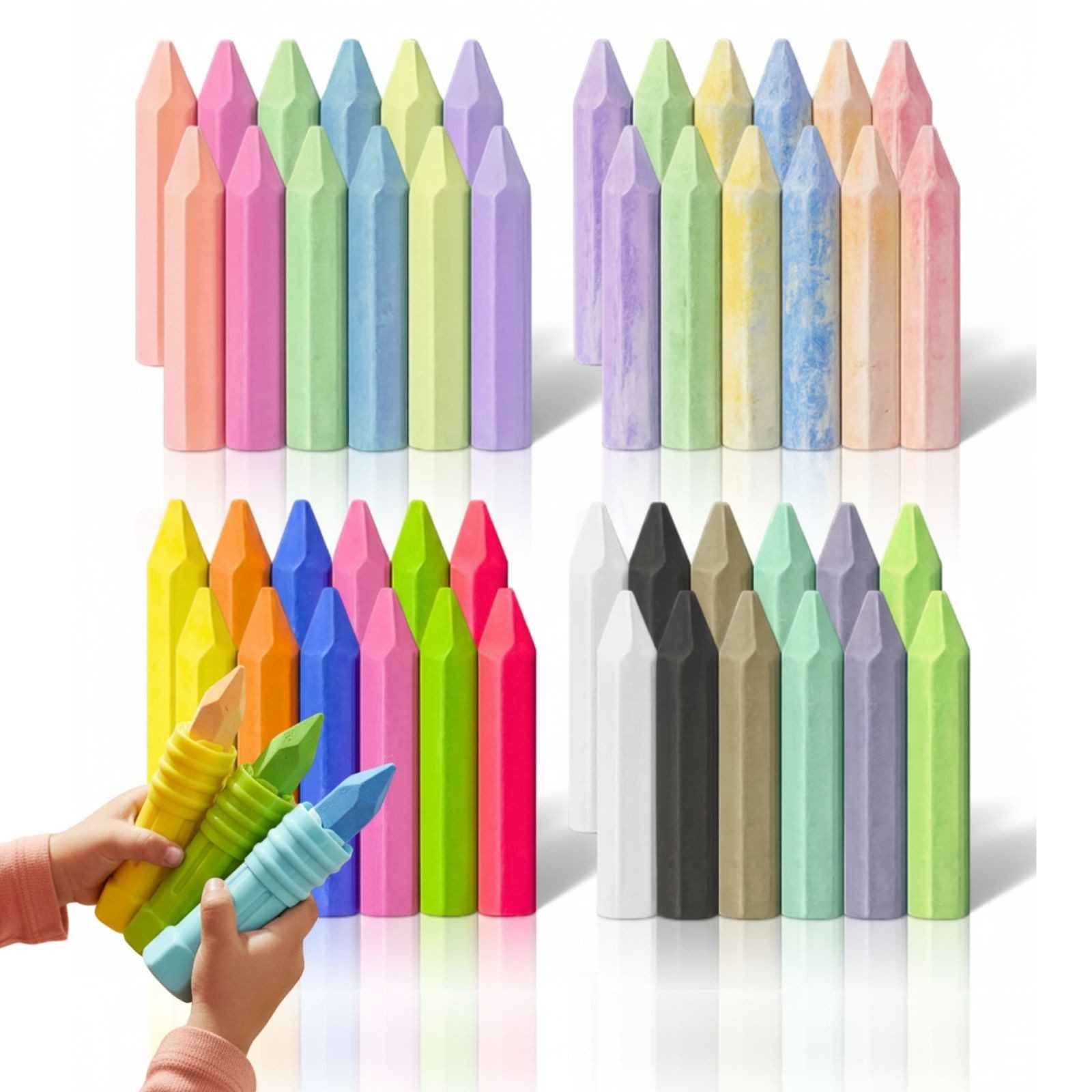 alldoro Malkreide Großes Straßenmalkreide-Set, 48 Kreiden in Neon, Batik & Vollfarben, Straßenkreide für Kinder ab 3 Jahren, inkl. 3 Kreidehalter