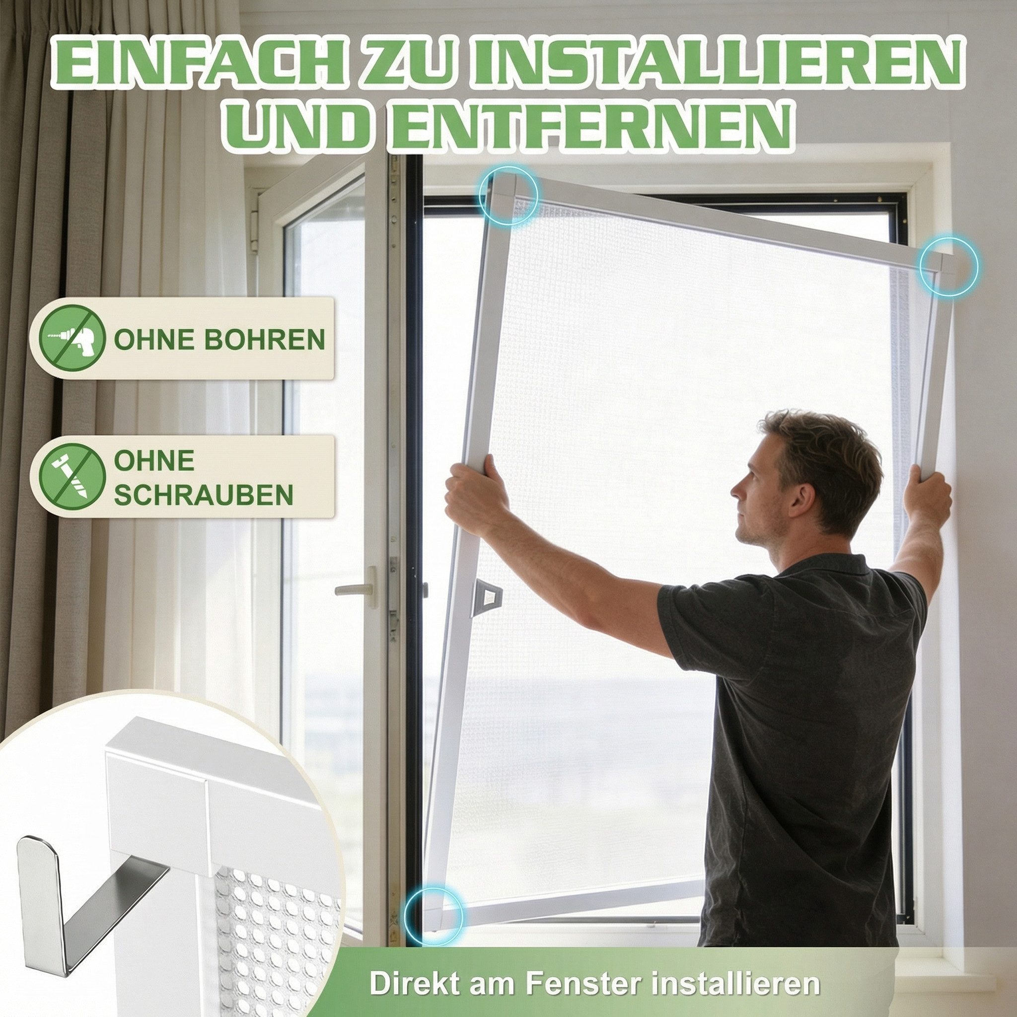 Huracan Insektenschutz-Fensterrahmen Fliegengitter Fenster Insektenschutz mit Aluminium Rahmen, (Mückengitter Fliegenschutz Spannrahmen ohne Bohren und Schraube – Bild 3 von 5