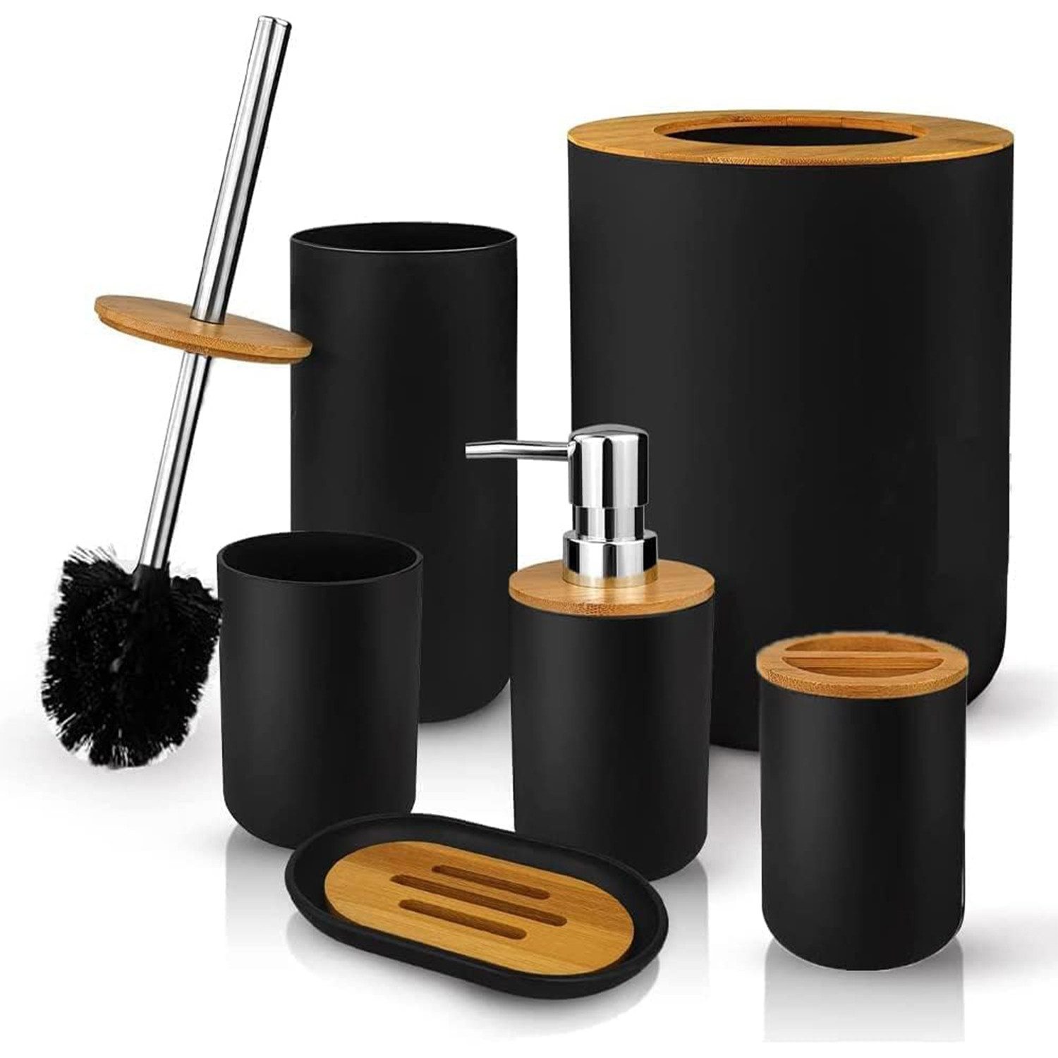 DUMOS Badaccessoire-Set 6-teiliges Badezimmer-Set mit Bambus-Abdeckung, Schwarz Matt