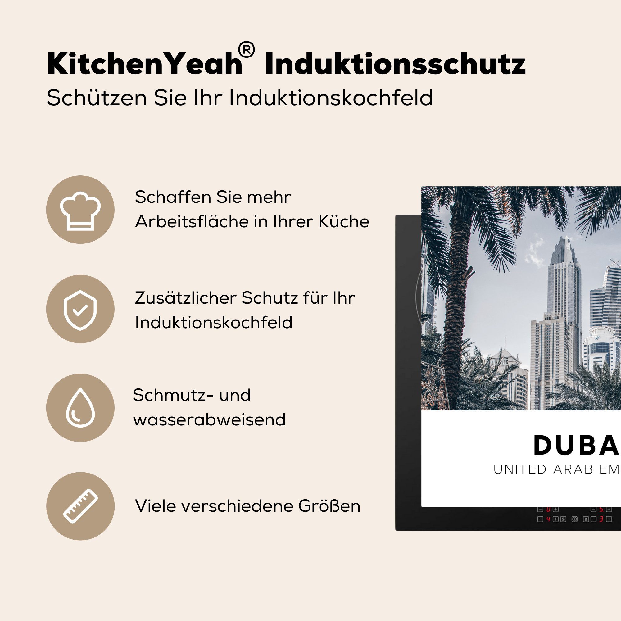 cm, - Wolkenkratzer, Dubai küche - MuchoWow Herdblende-/Abdeckplatte tlg), Ceranfeldabdeckung, Vinyl, 78x78 Palme Arbeitsplatte für (1