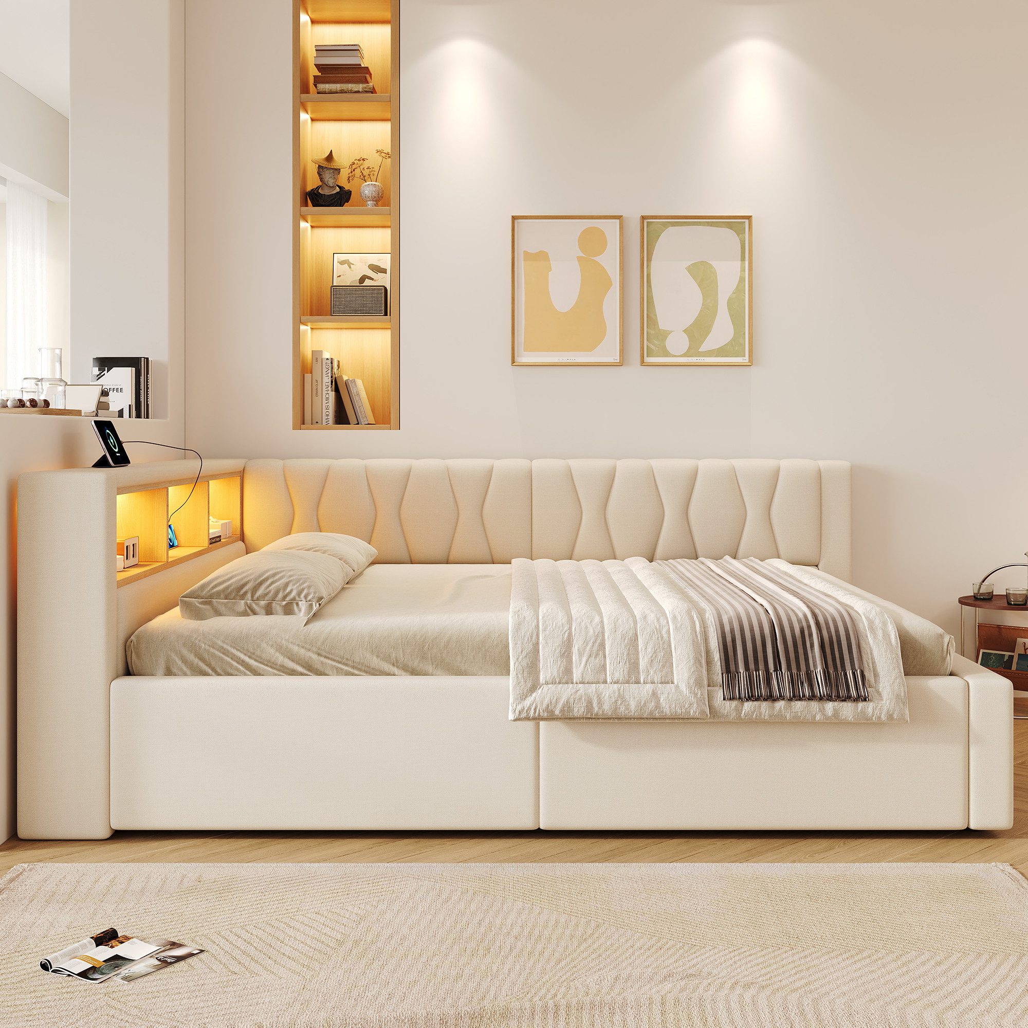 SOFTWEARY Schlafsofa mit RGB LED-Streifen und Stauraum, mit Lattenrost, Regal, Rückenlehne, Aufbewahrung, Type-C und USB, Polsterbett, Einzelbett, Tagesbett, Da – Bild 3 von 5