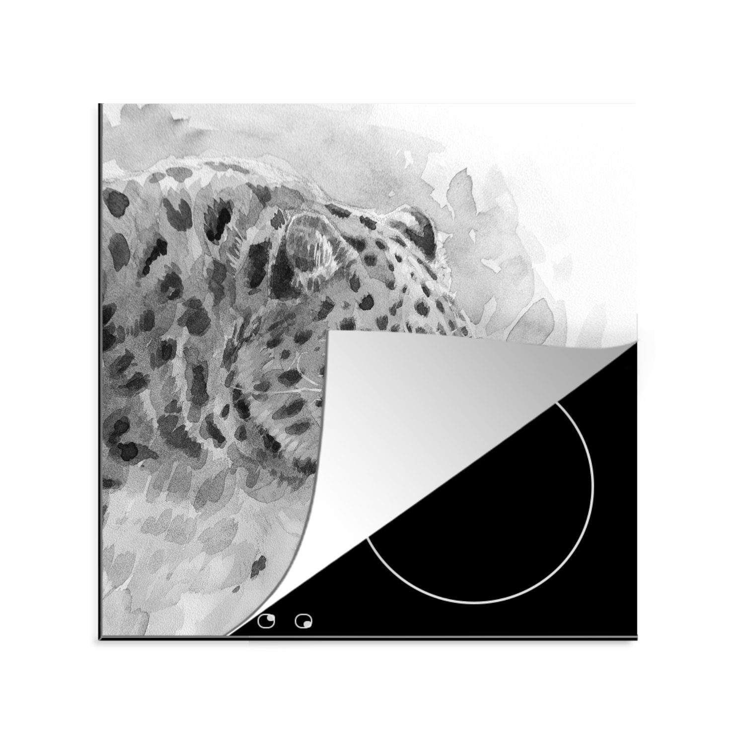 MuchoWow Herdblende-/Abdeckplatte Leopard - Gelb - Aquarell, Vinyl, (1 tlg), 78x78 cm, Ceranfeldabdeckung, Arbeitsplatte für küche