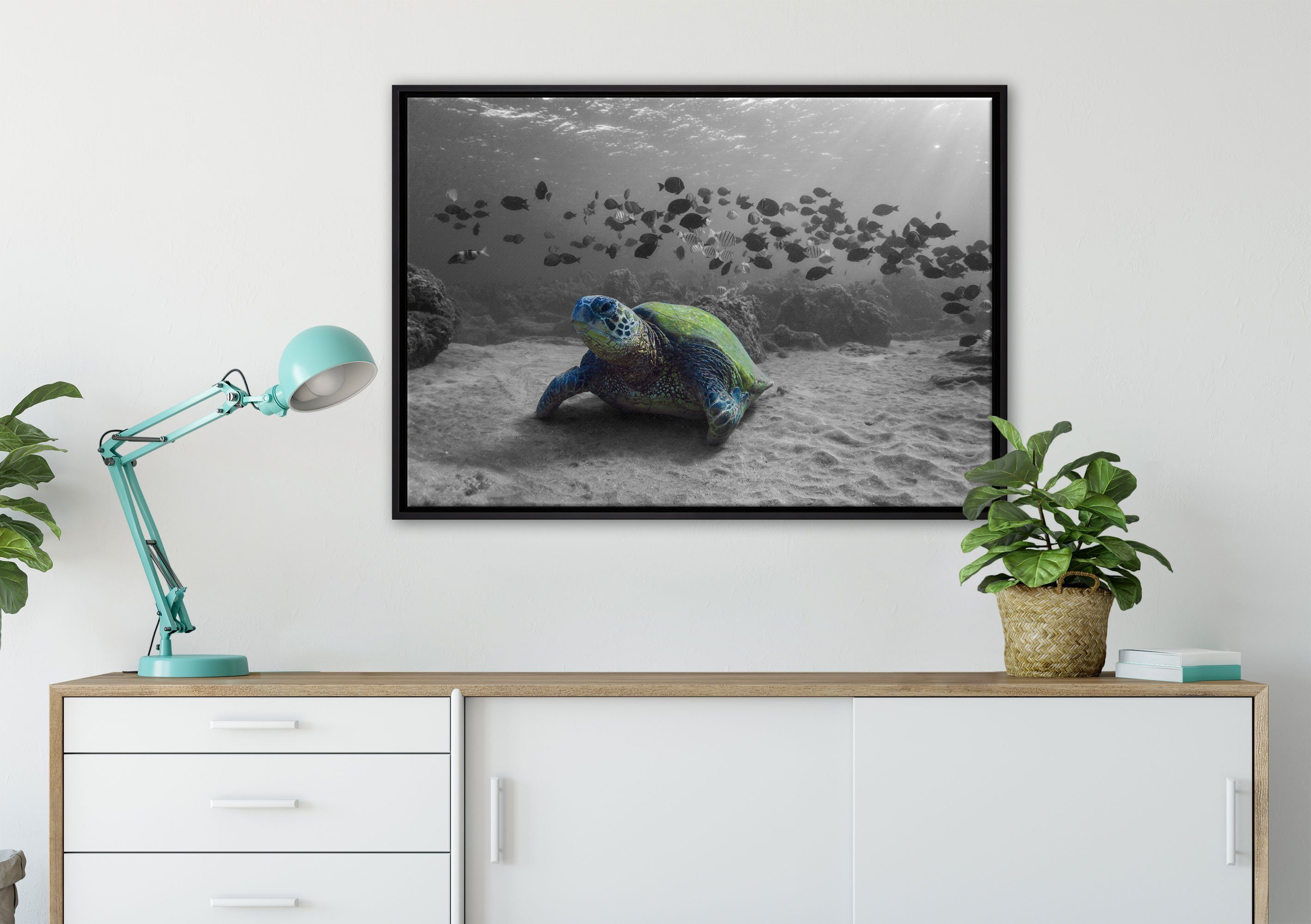 Pixxprint Leinwandbild Schildkröte im Ozean, fertig (1 Leinwandbild gefasst, Zackenaufhänger Wanddekoration in St), einem inkl. Schattenfugen-Bilderrahmen bespannt