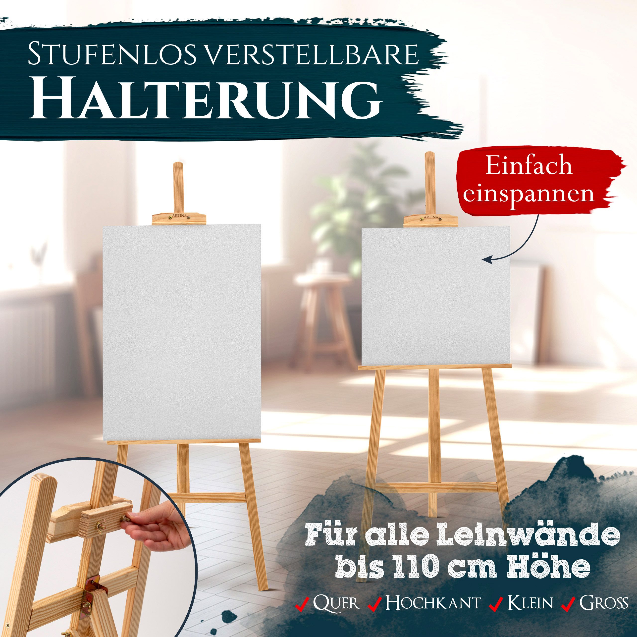 Artina Staffelei Staffelei Holz Groß - Kiefernholz 150cm Holzstaffelei Tessin, Feldstaffelei höhenverstellbar große & kleine Keilrahmen