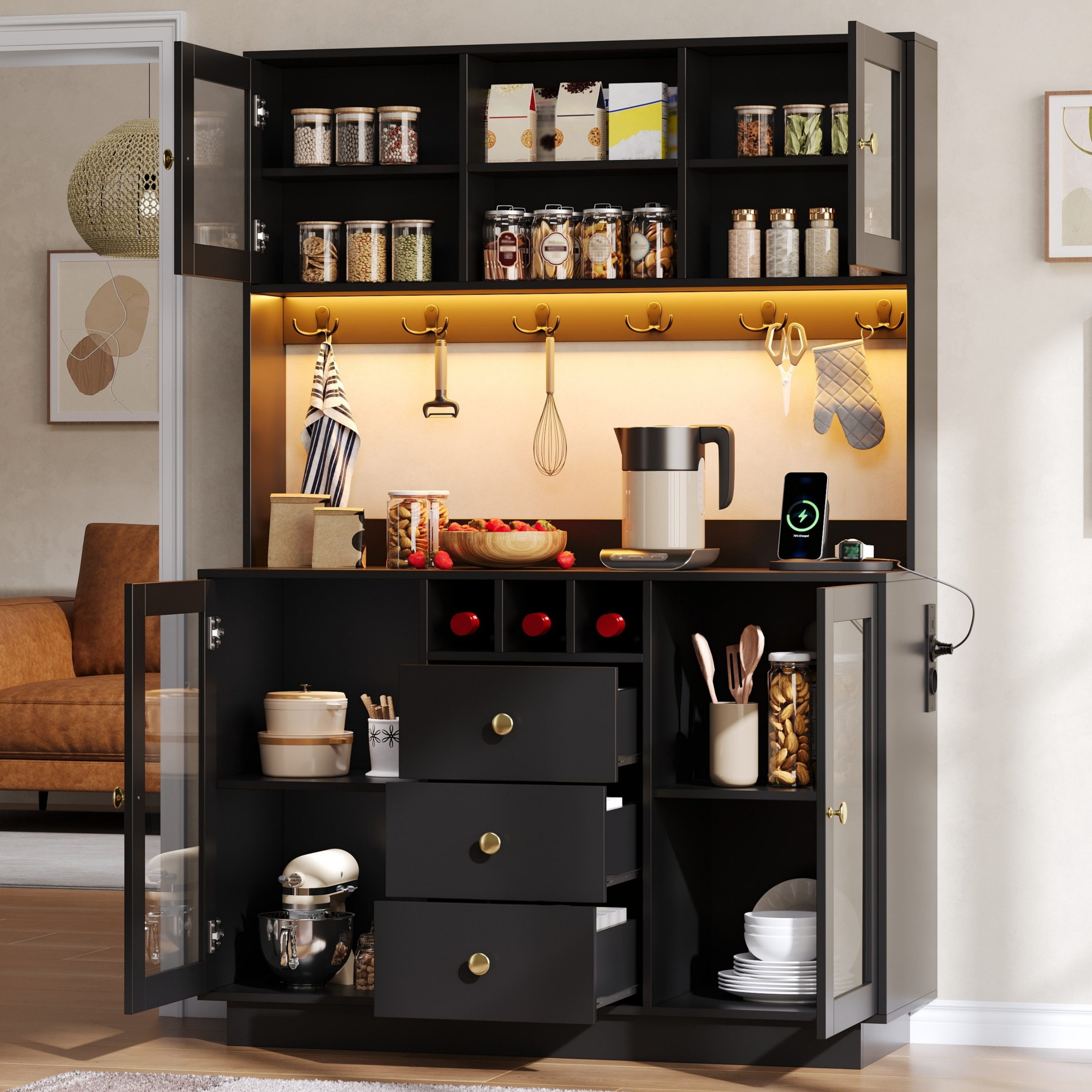 Odikalo Hochschrank Küchenschrank Sideboard mit LED Schubladen Haken und Weinregalen (Aufbewahrungsschrank mit LED-Leuchten und Steckdosen Vorratsschrank mit 3 Schubladen und 4 Aufbewahrungsschränken Vitrinenschrank für Wohnzimmer und Esszimmer 120 × 40 × 170 cm)