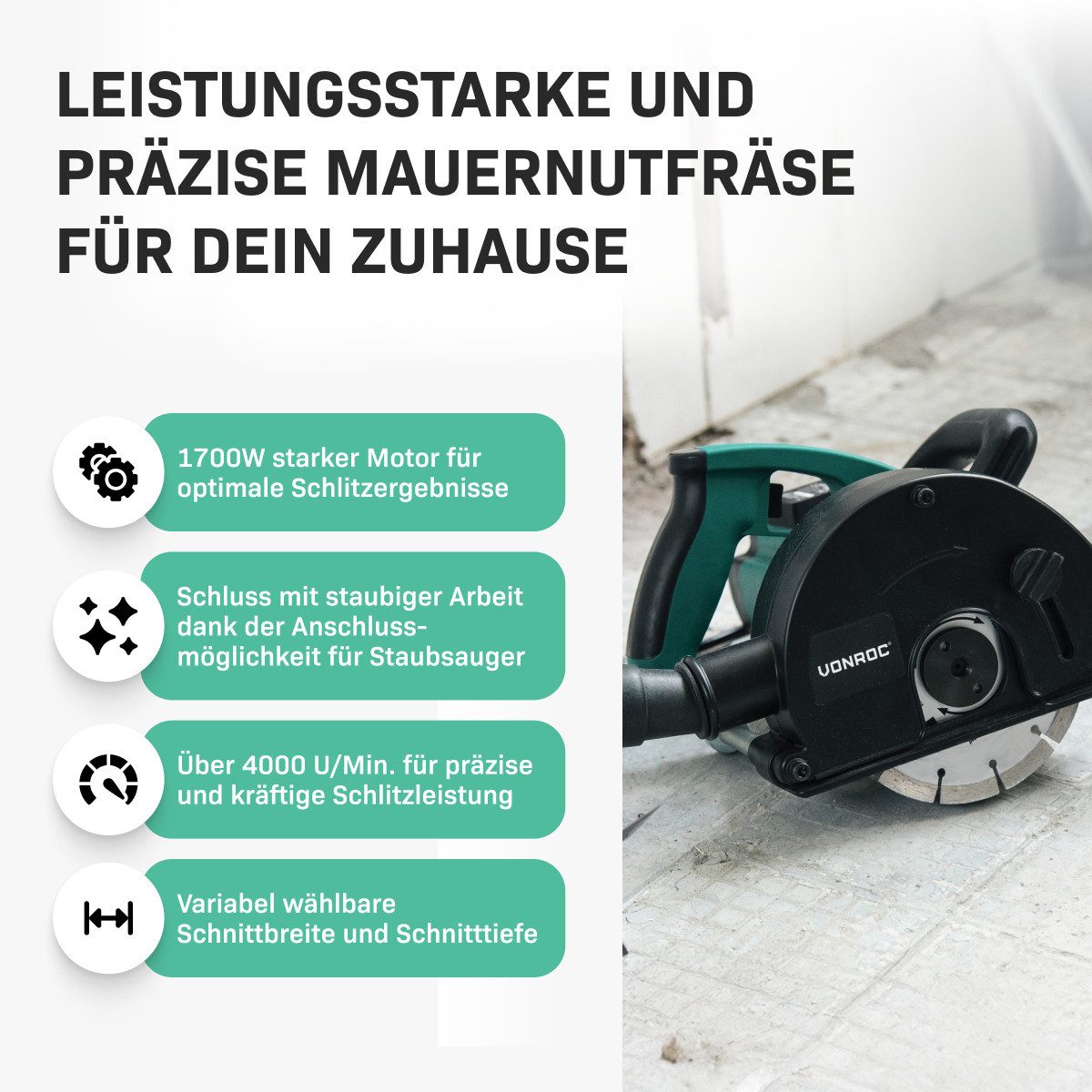 VONROC Mauernutfräse Schlitzfräse mit Absaugung für Kabelnut 14/19/29mm, (Set, 2-tlg., inklusive Diamantscheiben), Schlitzmaschine 150mm mit Schnittiefe [4-40mm]