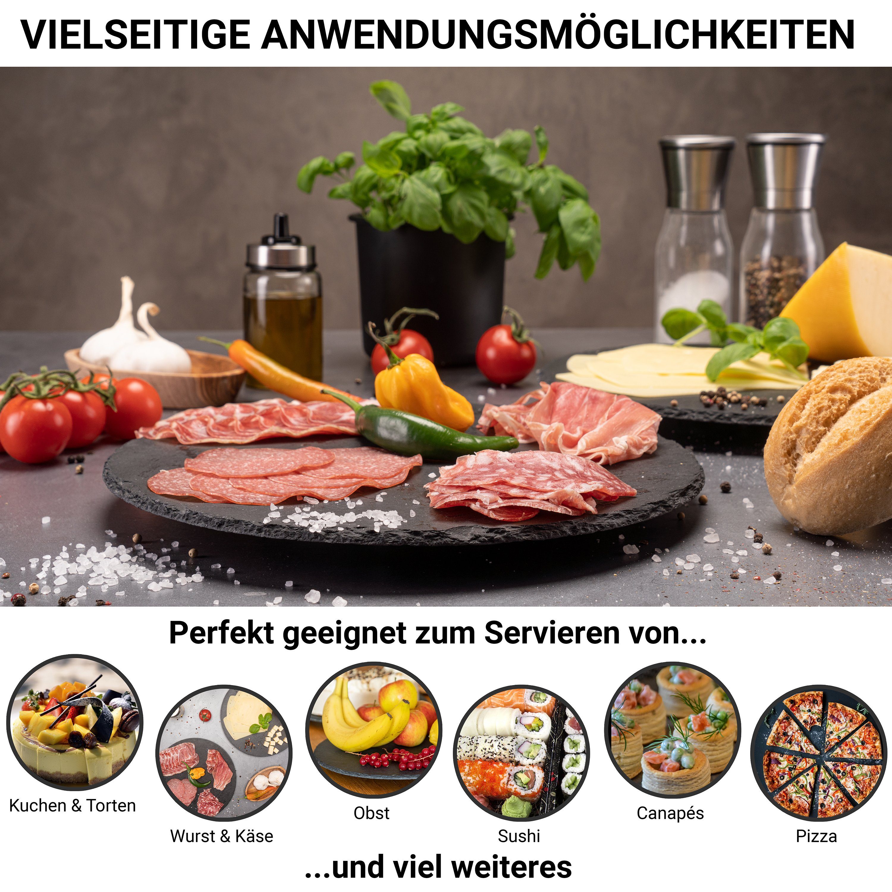 Fino Casa Kuchenplatte Fino Casa drehbare Schieferplatte rund als Servierplatte Kuchenplatte, Schiefer, (1x drehbare Schieferplatte rund Ø 30 cm), Schiefer, Kuchenplatte, Käseplatte, Antipasti Wurstplatte Tortenplatte
