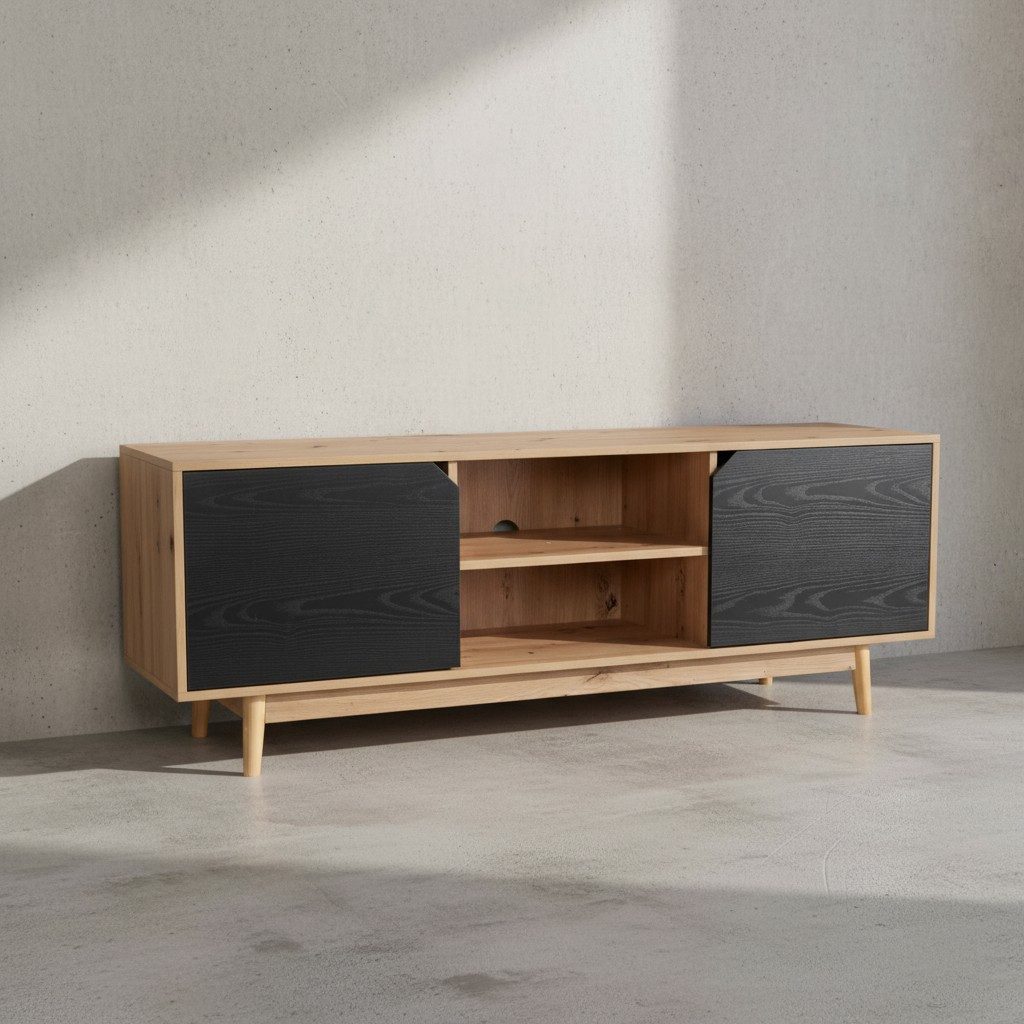 KADIMA DESIGN Lowboard Lowboard Eiche-Dekor Schwarz 150x55x40 cm TV-Kommode Modern, Design (Fernsehkommode Wohnzimmer), TV-Schrank Hoch, Fernsehtisch Fernsehschrank mit zwei Türen