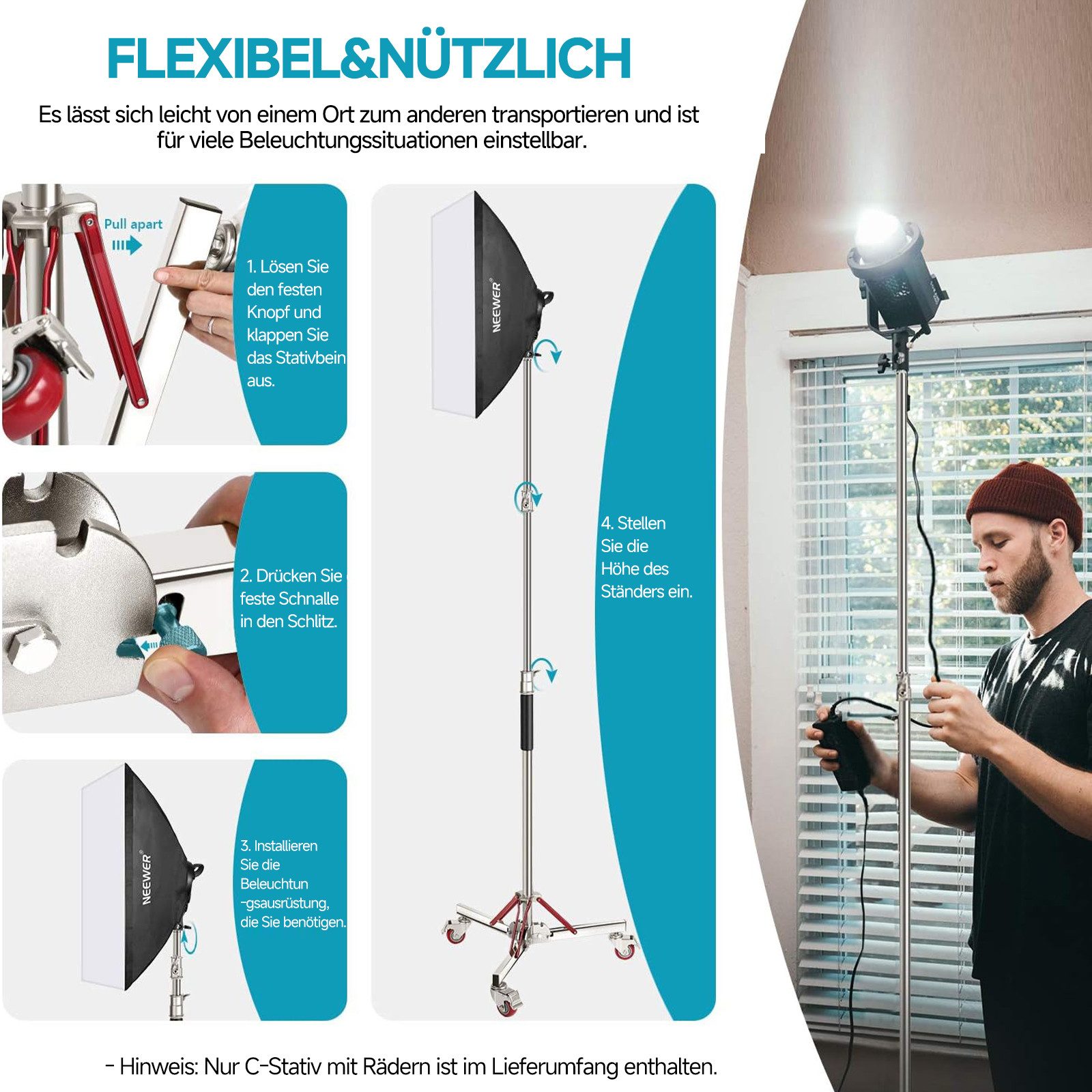 Neewer SC305W Edelstahl-Lichtstativ mit Rollen, Höhenverstellbar 130-305cm Lampenstativ (Schwerlast max. 30KG, für Reflektoren, Monolichter und andere Geräte)