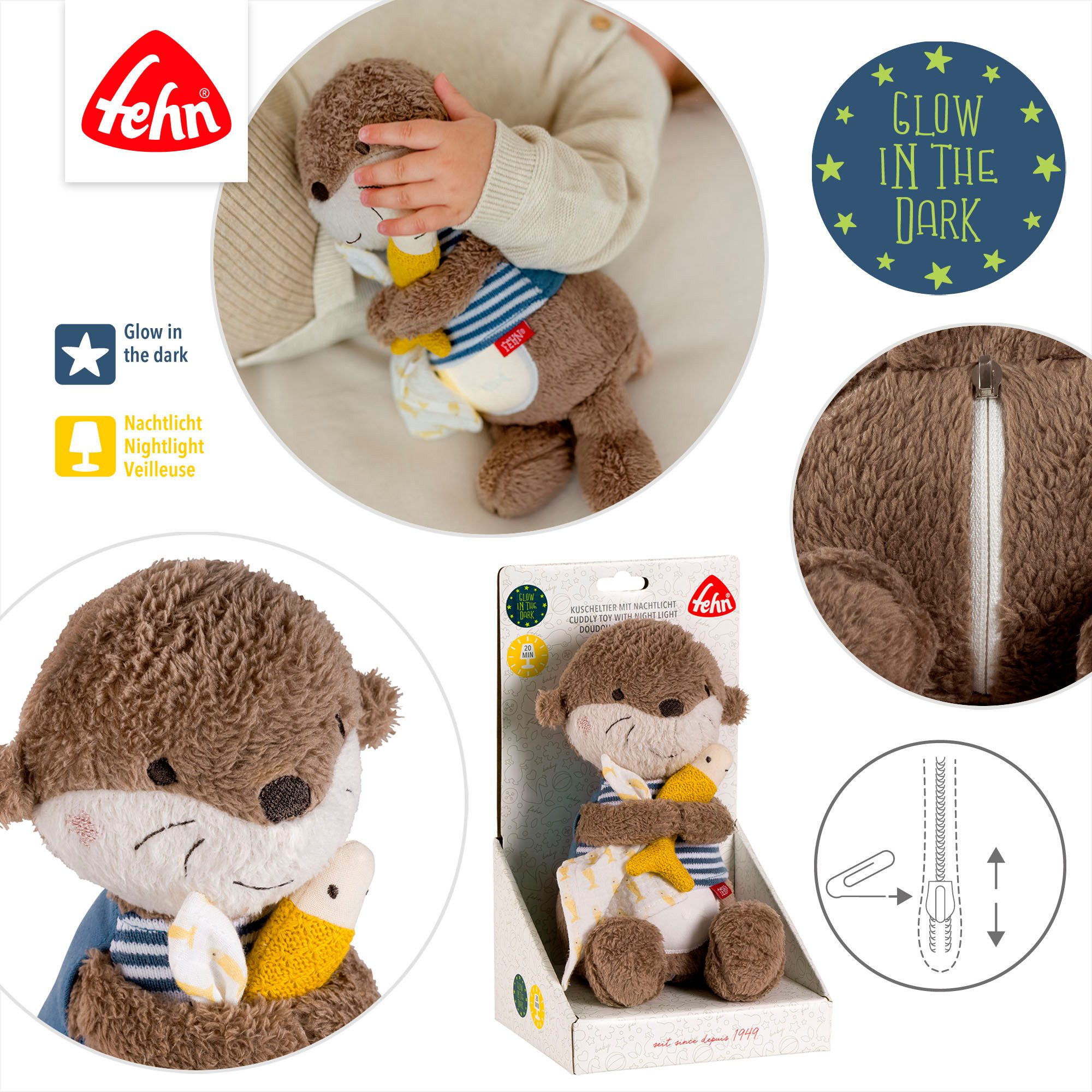 Fehn Kuscheltier Otter Theo, Nachtlicht, mit »Glow-in-the-dark«-Bestickung & Nachtlicht-Modul