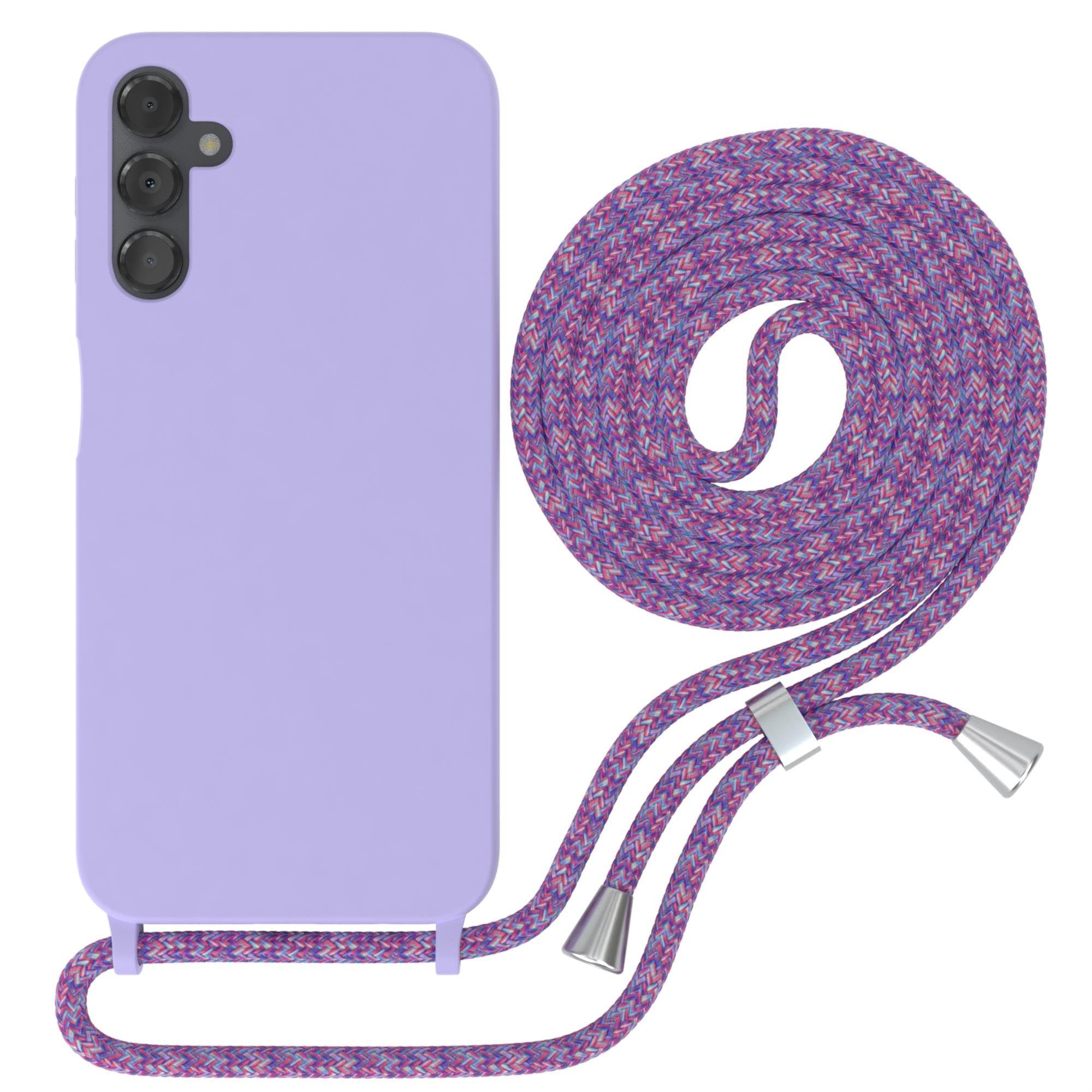 EAZY CASE Handykette Runde Silikon Kette für Samsung Galaxy A14 5G 6,6 Zoll, Handy Band Schutzhülle Back Cover Full Color Matt Crossbag Violett Mix