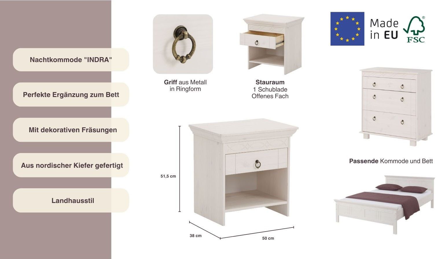OTTO home Nachtkommode Indra, Nachttisch mit dekorativen Fräsungen, Breite: 50 cm