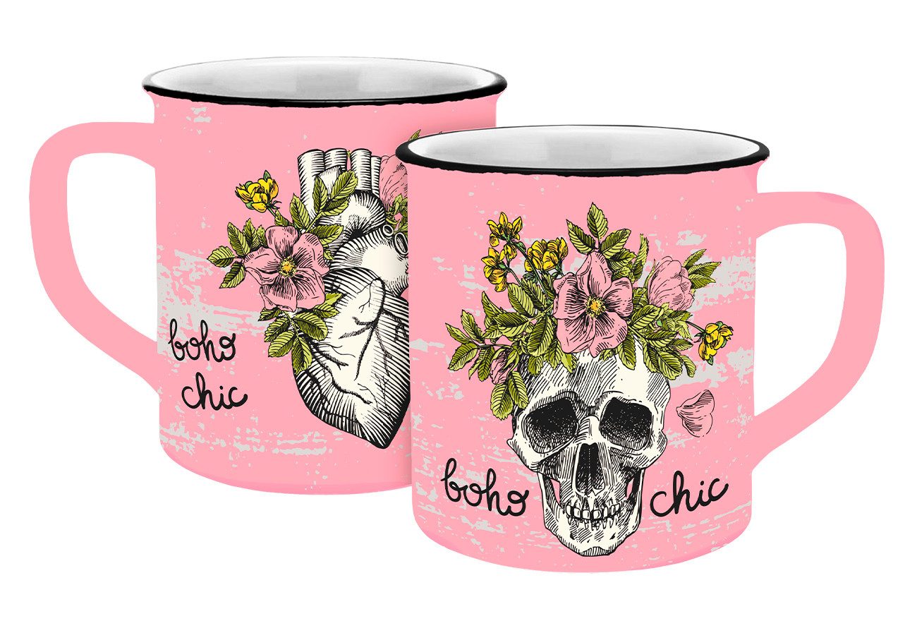 Geda Labels GmbH Tasse Skull bohochic Emaille-Optik 400ml, Keramik, Rosa, 400 ml, spülmaschinengeeignet