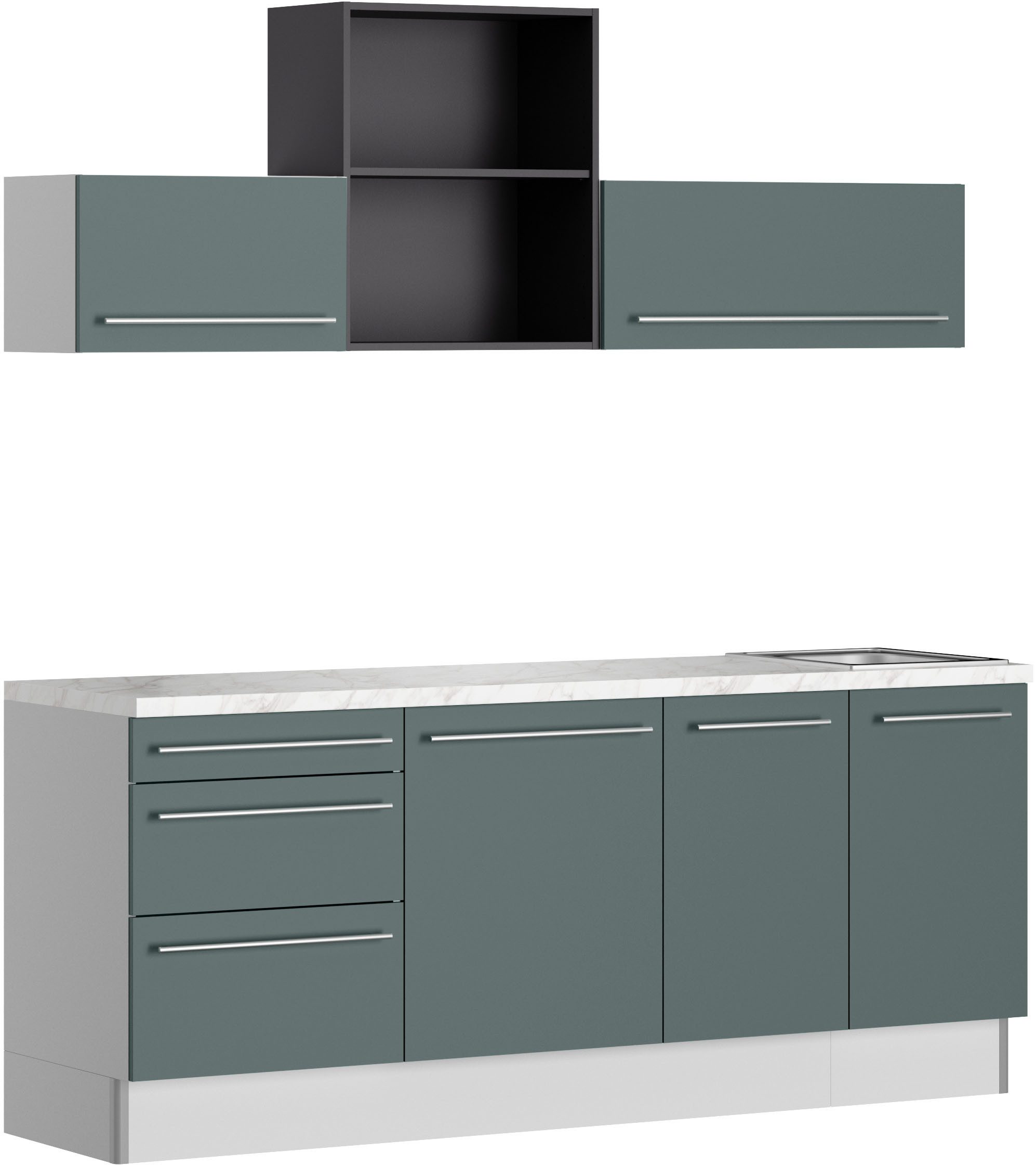 KOCHSTATION Küche KS-Bern2, Breite 210 cm, wahlweise mit E-Geräten, mit Regal