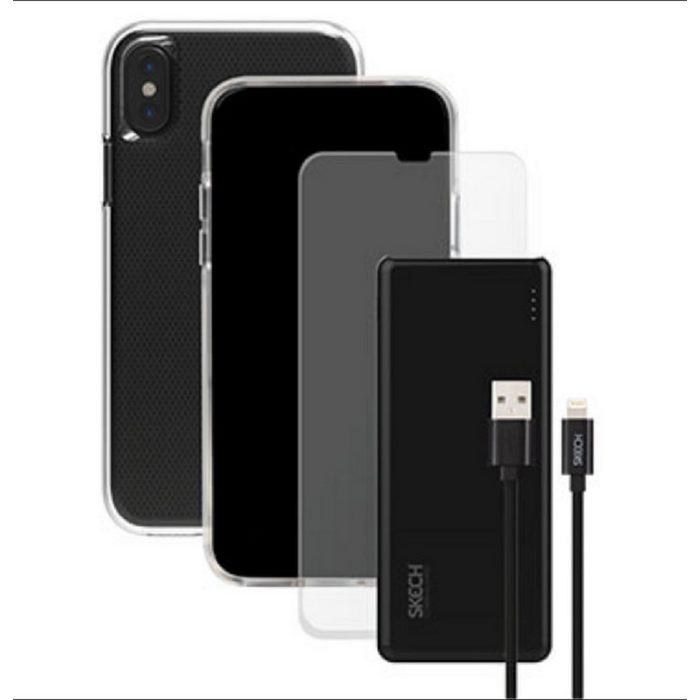 SKECH Smartphone-Hülle Skech Matrix Zubehör Pack 4in1 Silikon Hülle + 9H Schutzglas Echt Glas + iOS Ladekabel für iPhone X / Xs 5000mAh Ultra Slim PowerBank