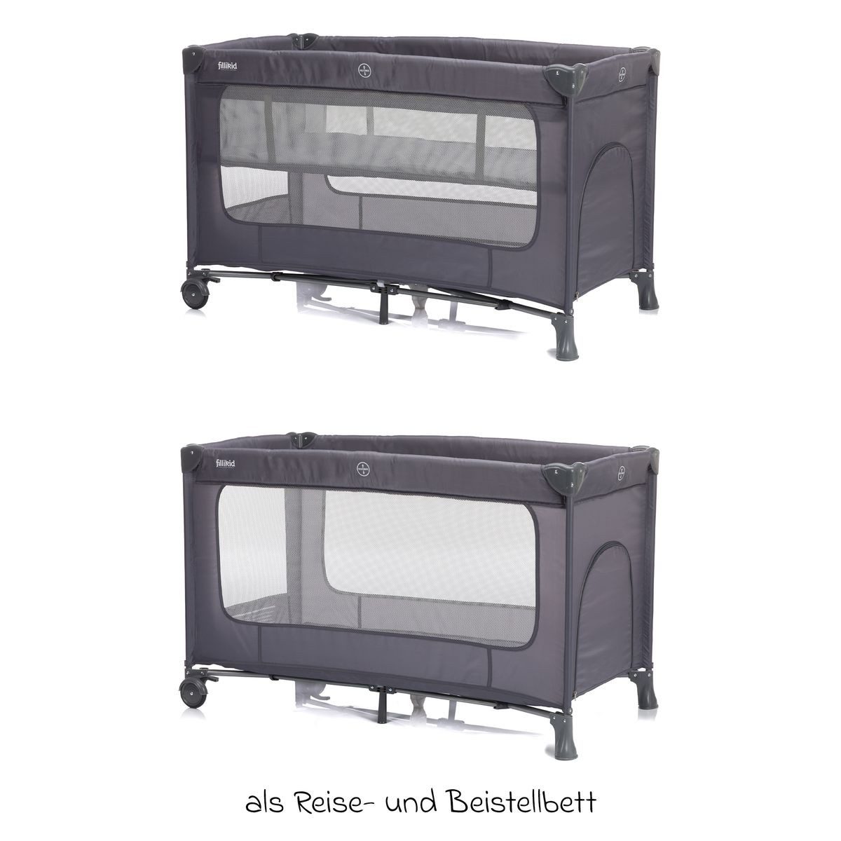 Fillikid Baby-Reisebett Capri - Dunkelgrau, Baby Kinder Reisebett mit Wickelauflage, Einstieg, Mobile & Tasche – Bild 4 von 5