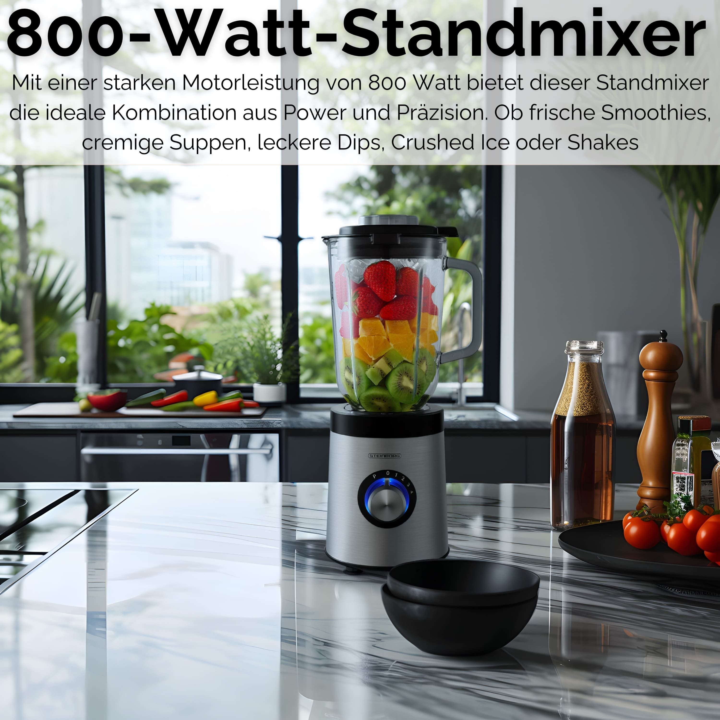 STEINBORG Standmixer SB-7020, 800 W, BPA-Frei,1.5L Glaskrug,6-Fach Messer,5 Geschwindigkeiten,Pulsfunktion