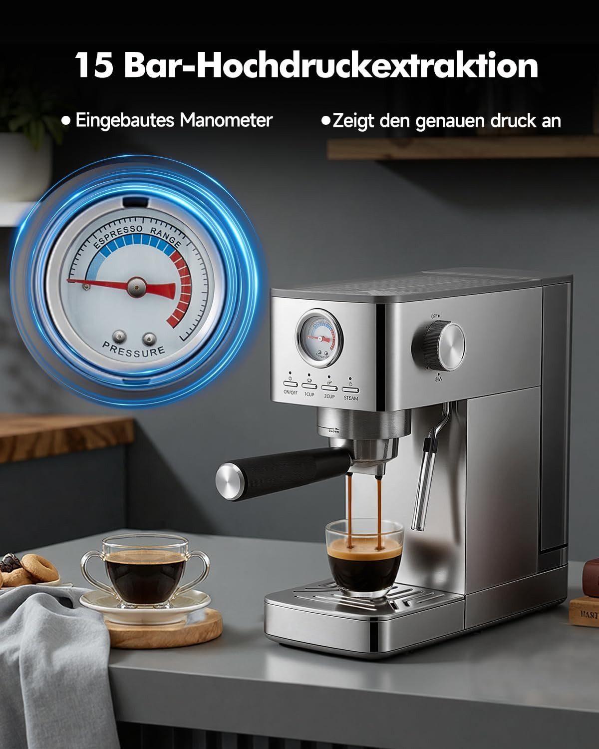 GarveeMore Siebträgermaschine GM5432d-GS, 1.4l Kaffeekanne, Espressomaschine 15Bar,Sichtbares Manometer,Kaffeemaschine Espresso