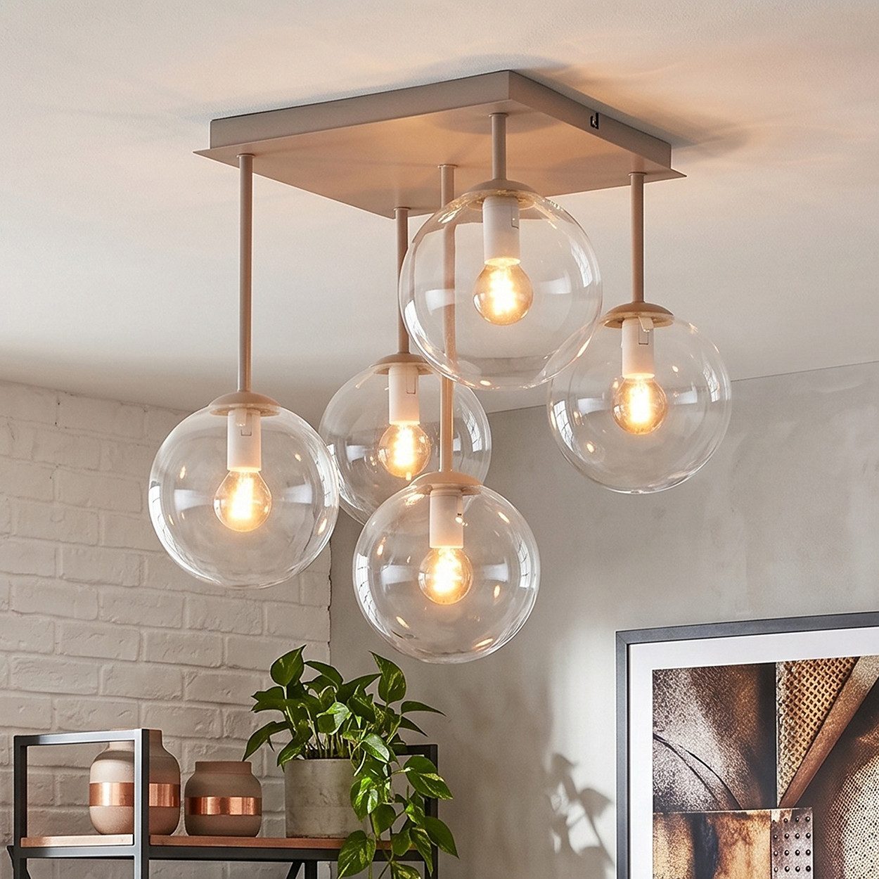 hofstein Deckenleuchte Deckenlampe aus Metall/Glas in Sandfarben/Weiß/Klar, moderne Deckenleuchte im Retro/Vintage/Boho-Design, 5 x E14