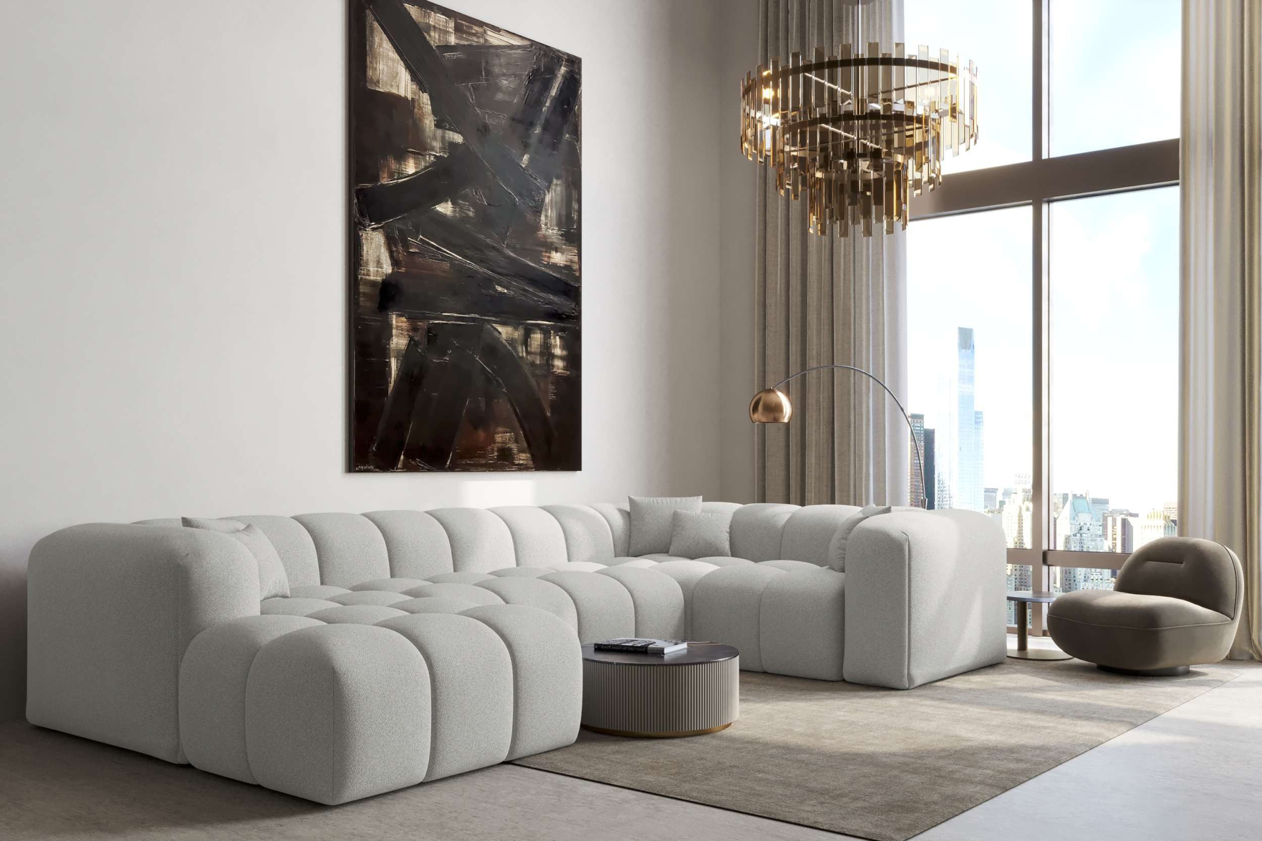 99rooms Wohnlandschaft Livorno U, Sofa, U-Form, Rundumbezug aus gepolstertem Strukturstoff NEVE