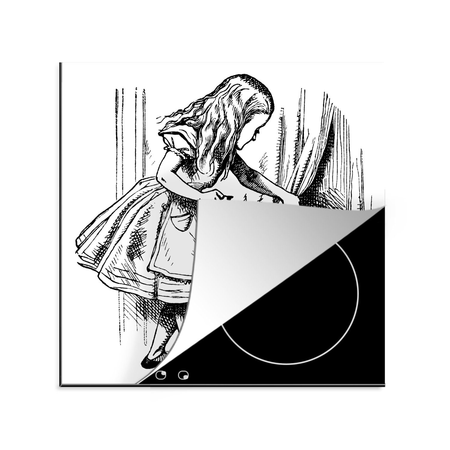 MuchoWow Herdblende-/Abdeckplatte Vintage-Illustration Alice und die Tür - schwarz und weiß, Vinyl, (1 tlg), 78x78 cm, Ceranfeldabdeckung, Arbeitsplatte für küche