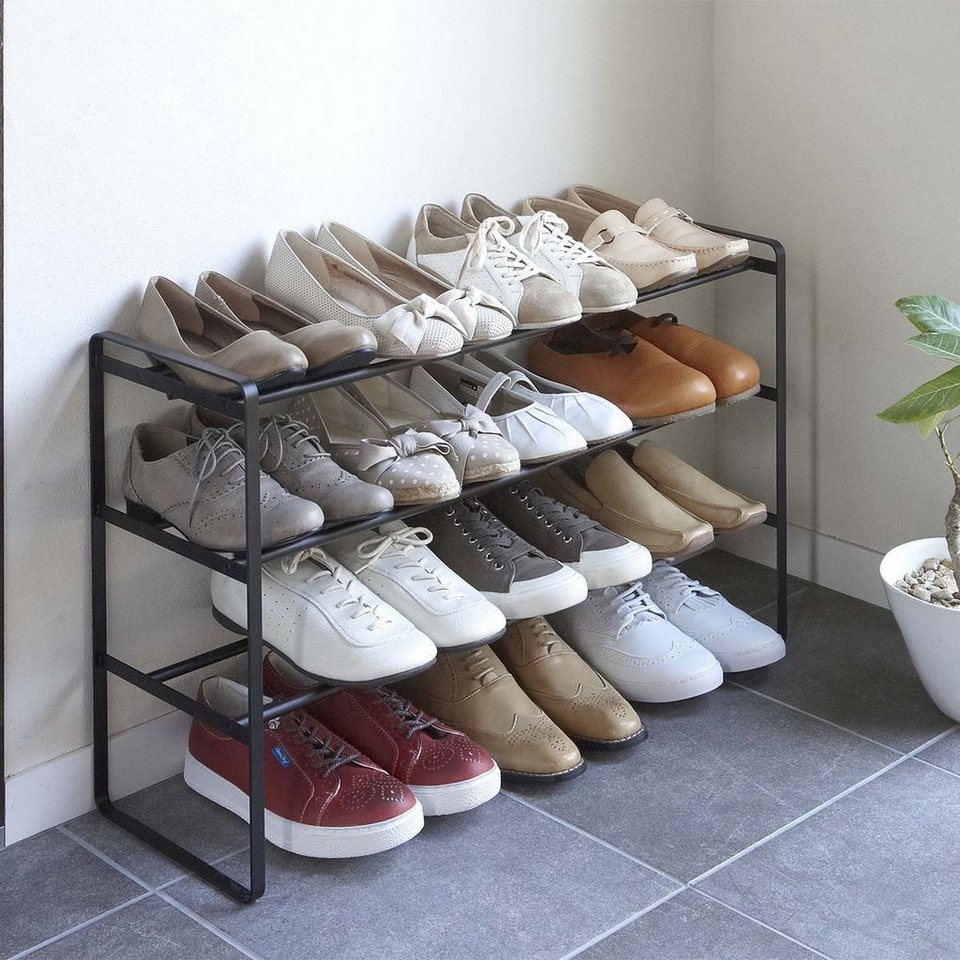 Yamazaki Schuhregal Tower Metall klein minimalistisch ausziehbar stapelbar 3 Ebenen, platzsparend, Schuhständer, Schuhablage, erweiterbar