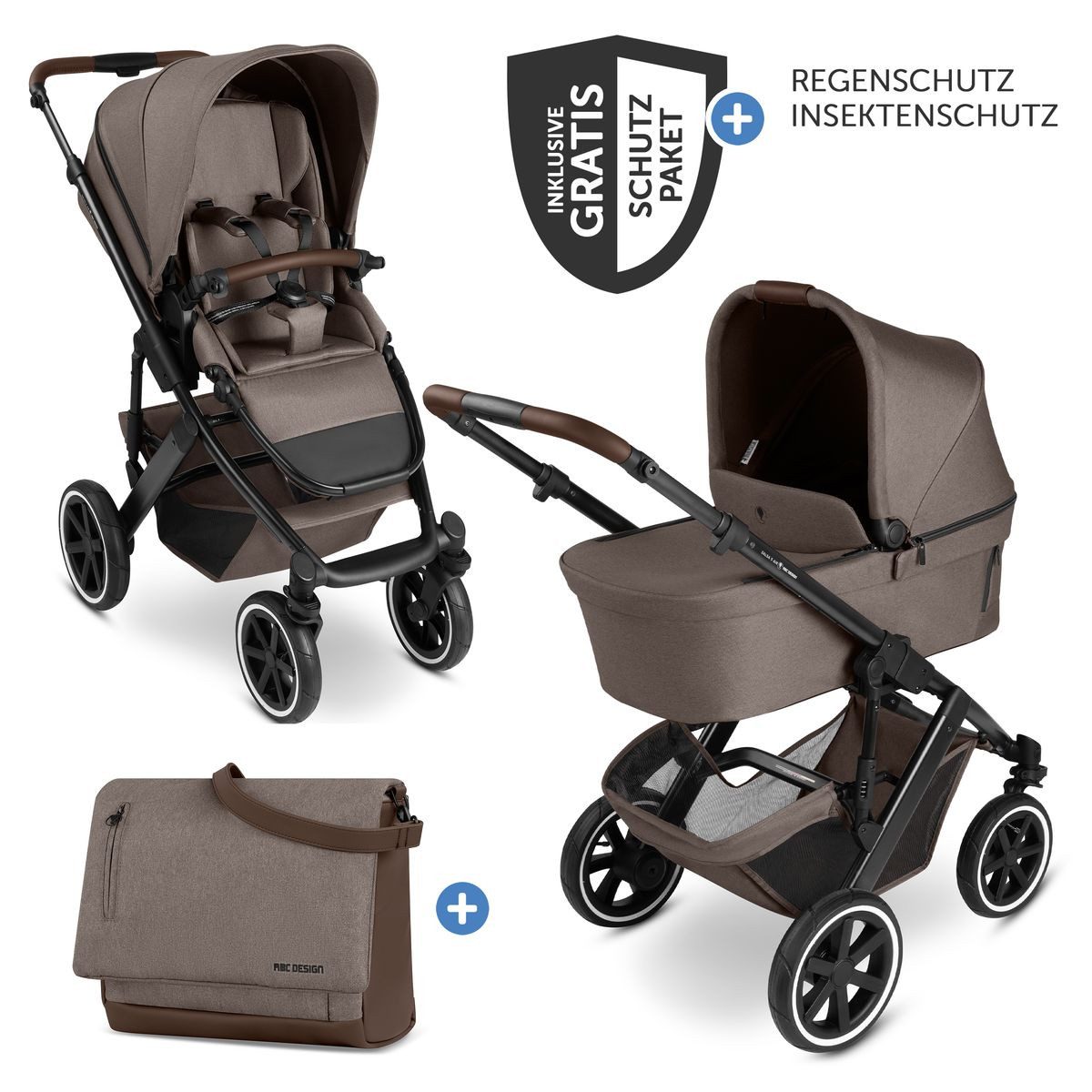 ABC Design Kombi-Kinderwagen Salsa 5 Air - Pure - Nature, 2in1 Kinderwagen Set mit Babywanne, Sportsitz, Wickeltasche & Zubehör