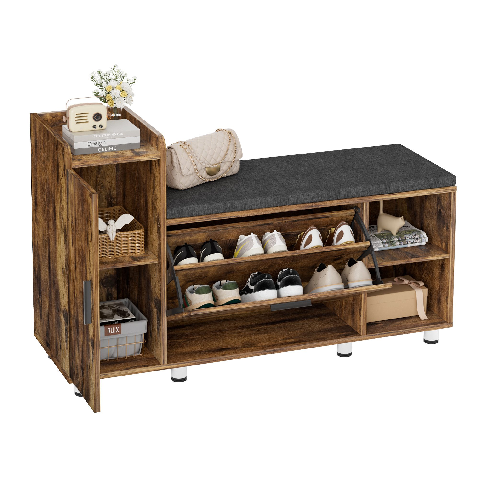 FiveWillowise Schuhschrank mit Sitzfläche & Stauraum, 105×34×67 cm, 3 Klappen & 8 Metallfüßen Braun, Schuhbank mit Sitzfläche für Flur & Eingang