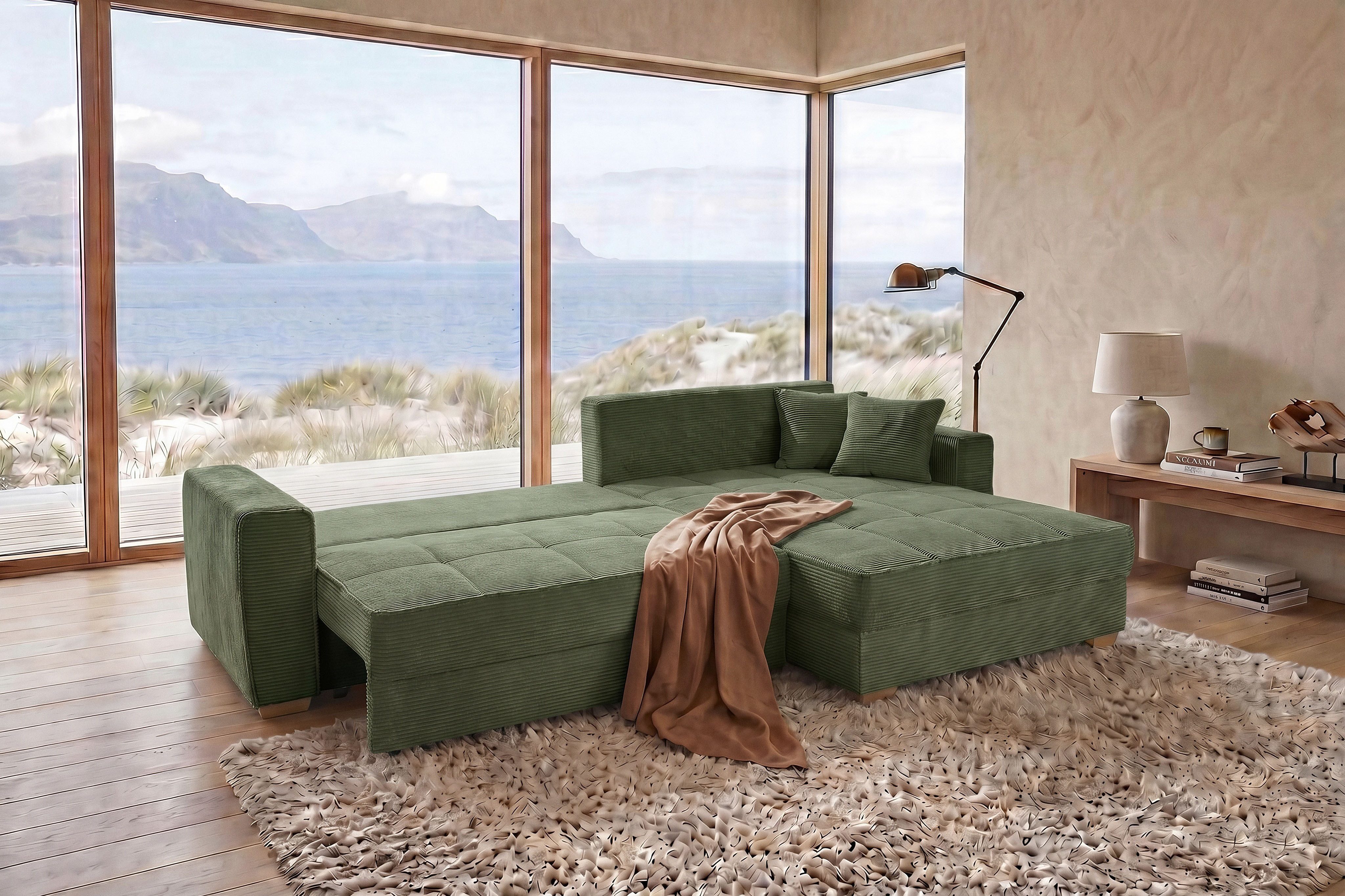 Jockenhöfer Gruppe Ecksofa Bologna, L-Form, Breite: 298 cm, Cord-Bezug, beidseitig montierbar, mit Bettfunktion, Bettkasten&Zierkissen, Wellenfederung, XXL-Ottomane