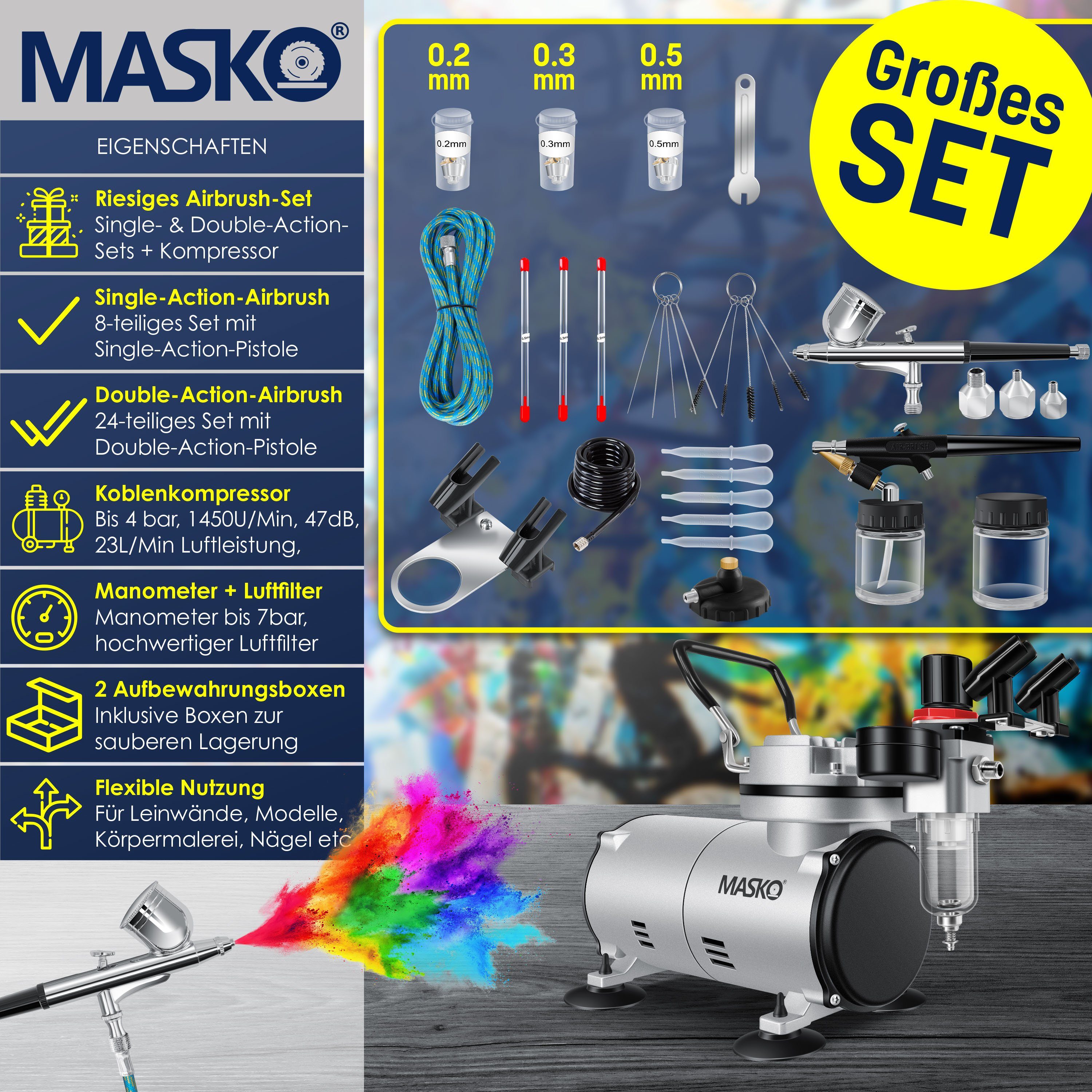 inkl. bar mit Farbsprühgerät, Airbrush-Pistolen Kompressor MASKO Airbrush-Set 4 silber