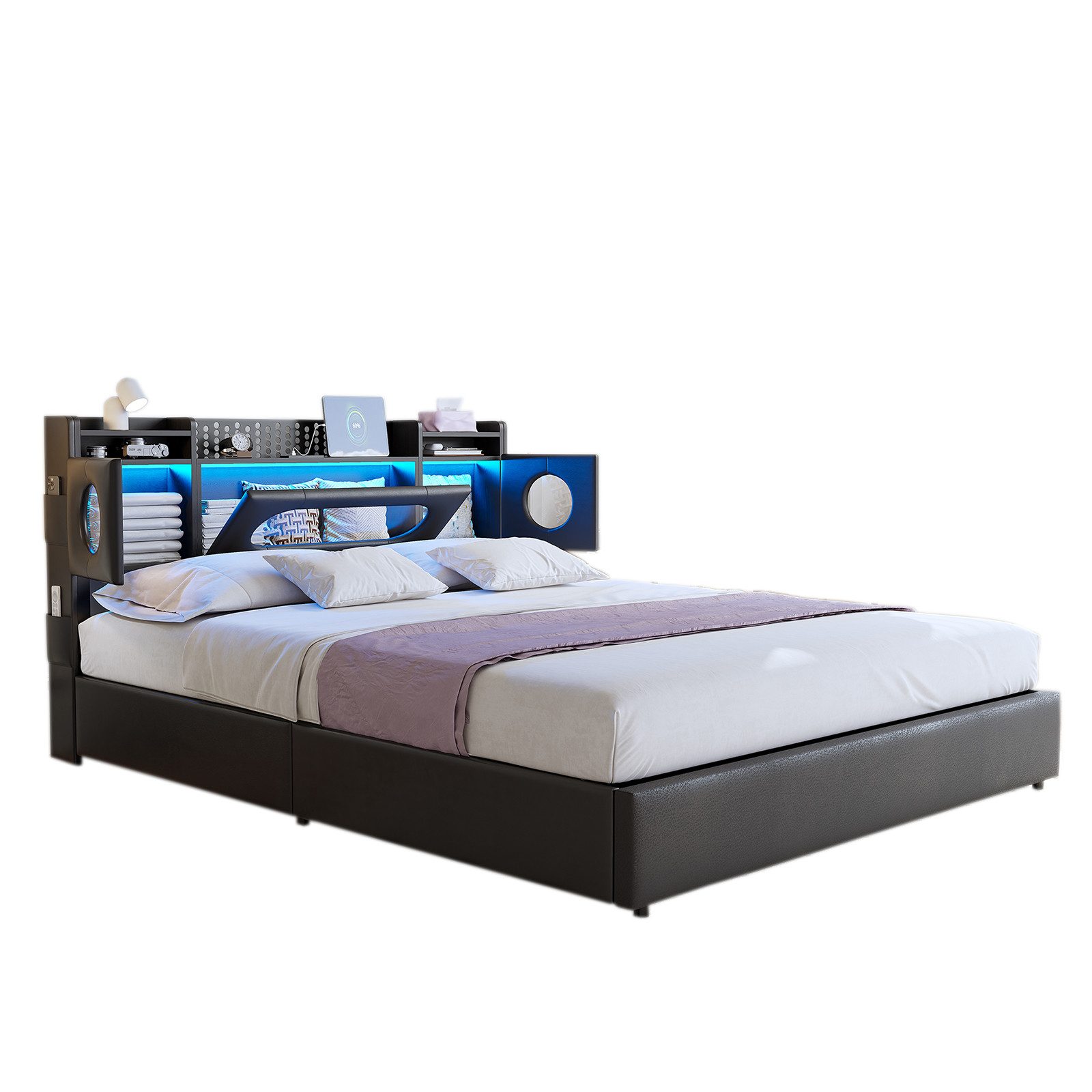 FUROKOY Stauraumbett Polsterbett Doppelbett mit LED-Beleuchtung (Aufklappbares Kopfteil mit Stauraum und Ladeanschluss), Hydraulikbett Funktionsbett, PU, Schwarz, 140x200cm