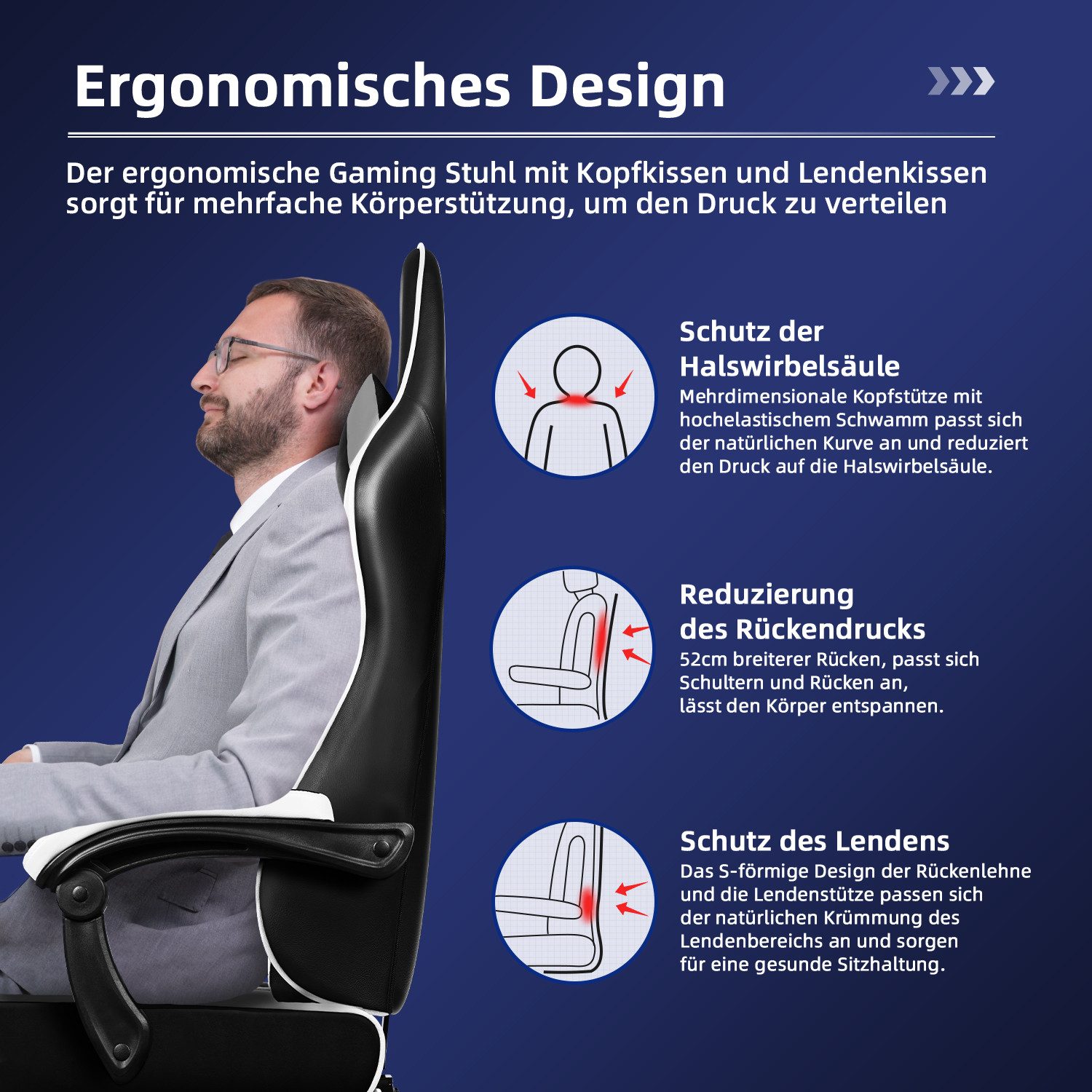 Hiazurm Gaming-Stuhl Gaming Stuhl, Bürostuhl Ergonomisch Wippfunktion bis zu 170° (Gaming Chair mit Fußstütze, 10 cm Höhenverstellung), Verstellbarem Lenden- & Kopfkissen, Gamer Stuhl 150kg Belastbarkeit