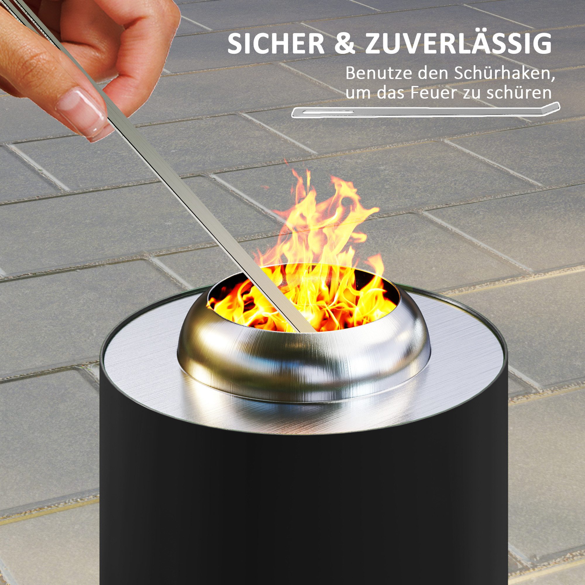 Outsunny Feuerschale Ø16 x 25cm, aus Edelstahl, mit Schürhaken, (Feuerstelle, 1-St., Rauchfreie Feuerkorb), für Garten, Balkon Terrasse, Outdoor BBQ Camping Schwarz