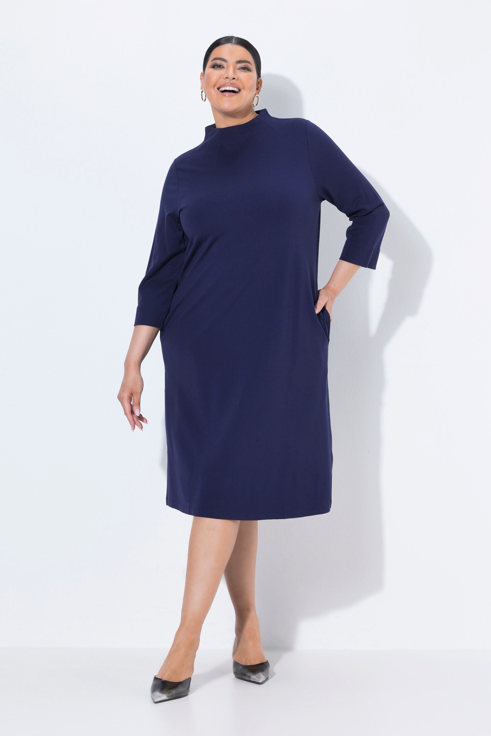 Ulla Popken Minikleid Punto-Kleid A-Linie Stehkragen 3/4-Arm Taschen
