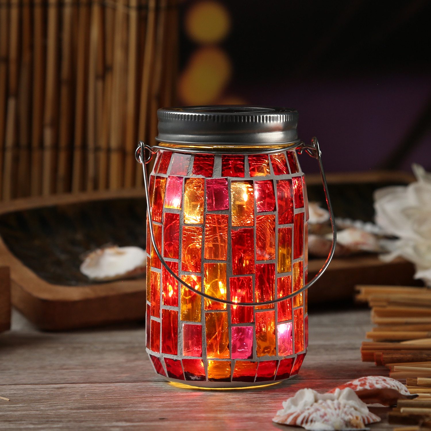 MARELIDA LED Solarleuchte LED Solar Glas Einmachglas mit Mosaik Tischleuchte Lichtsensor rot, LED Classic, warmweiß (2100K bis 3000K), LED Solar Lampe