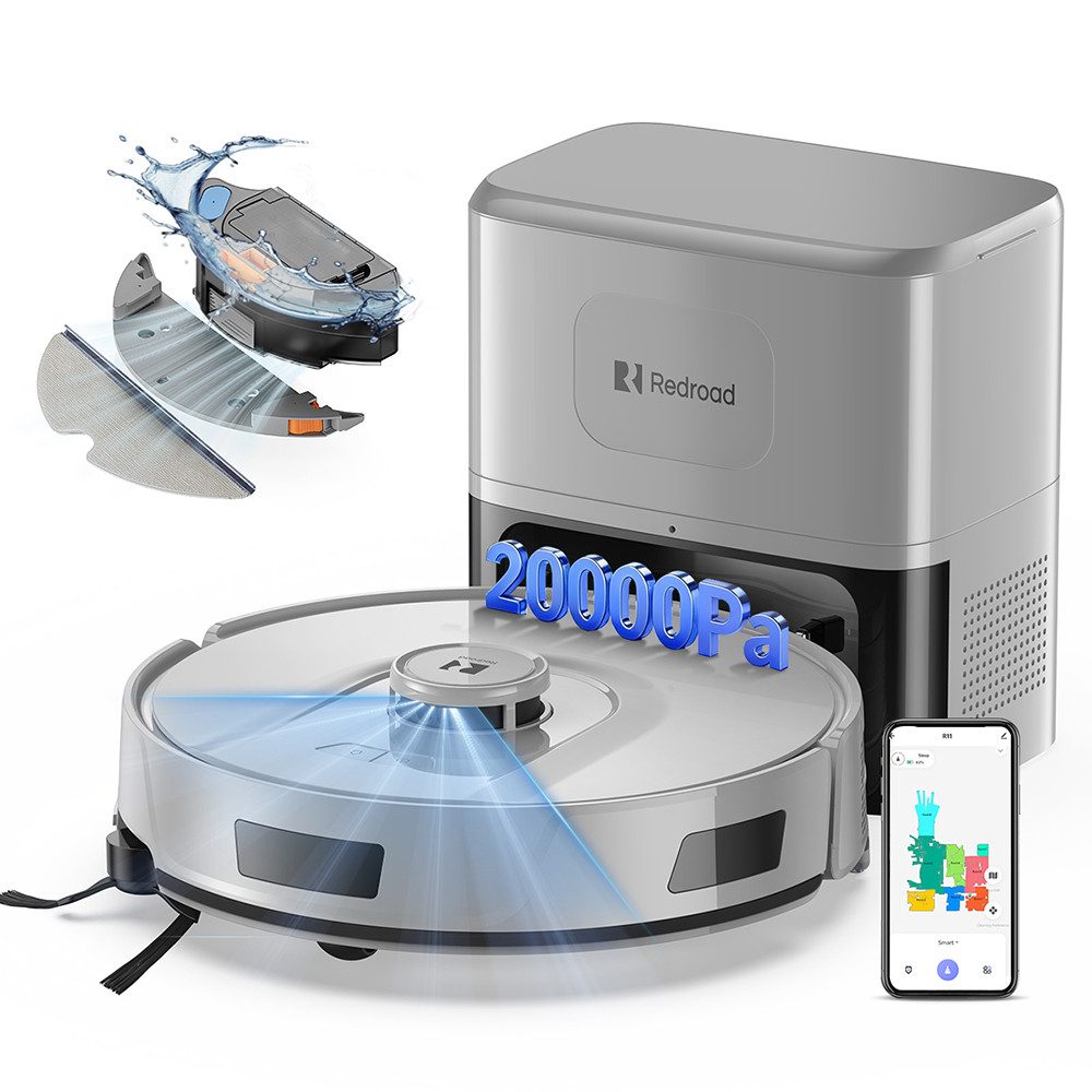 redroad Nass-Trocken-Saugroboter Saugroboter mit Wischfunktion 20.000Pa Absaugstation LiDAR App, 36 W, mit Beutel, Robot Vacuum, saugroboter für hohe türschwellen,APP Steuerung